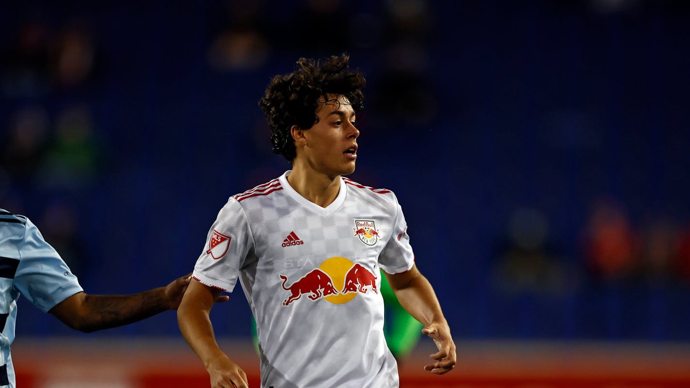 New York Red Bulls midfielder Caden Clark (37) in action against the Sporting Kansas City during an MLS soccer match, Saturday, April 17, 2021, in Harrison, N.J. (AP Photo/Adam Hunger)