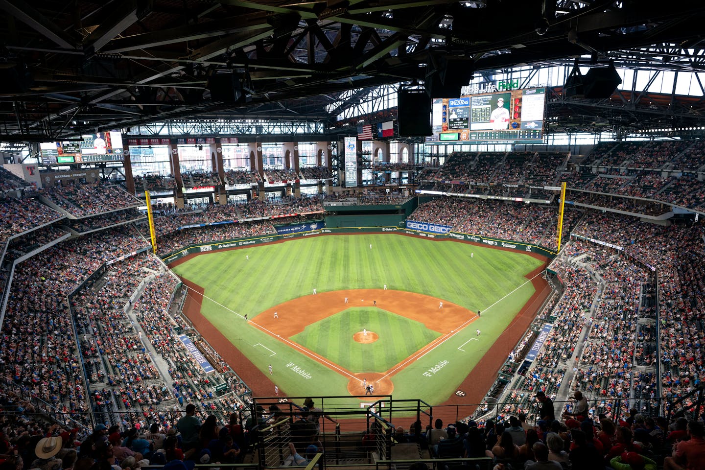 The Texas Rangers play against the Washington Nationals in this overall view of Globe Life Field during a baseball game Monday, June 27, 2022, in Arlington, Texas. Texas won 3-2. (AP Photo/Jeffrey McWhorter)