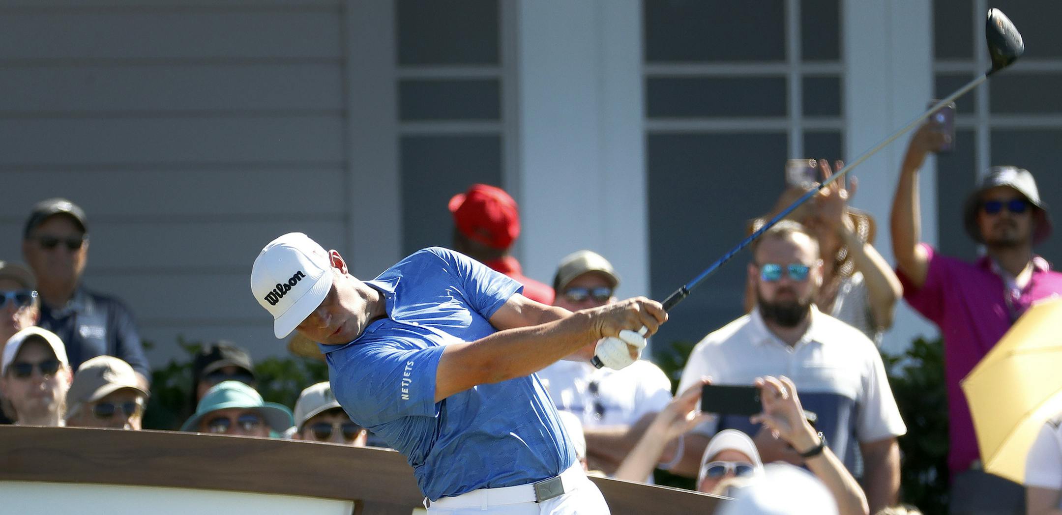 Gary Woodland plays his shot from the first tee during the final round of the Tournament of Champions golf event, Sunday, Jan. 6, 2019, at Kapalua Plantation Course in Kapalua, Hawaii. (AP Photo/Matt York)