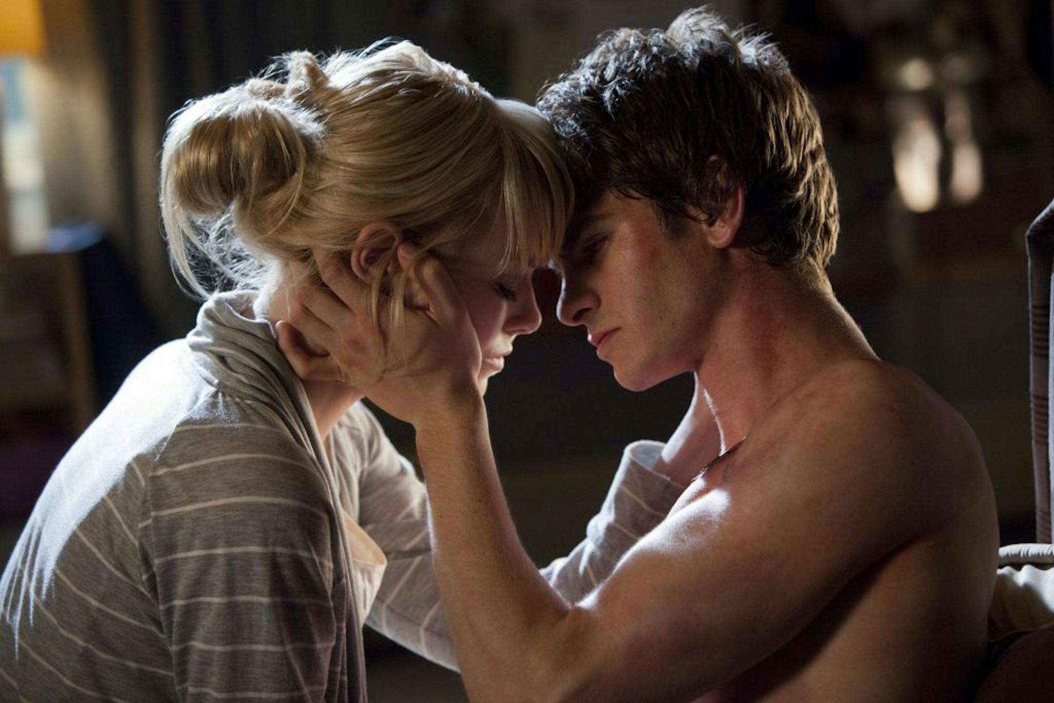 Emma Stone as Gwen Stacy and Andrew Garfield as Peter Parker in "The Amazing Spider-Man."