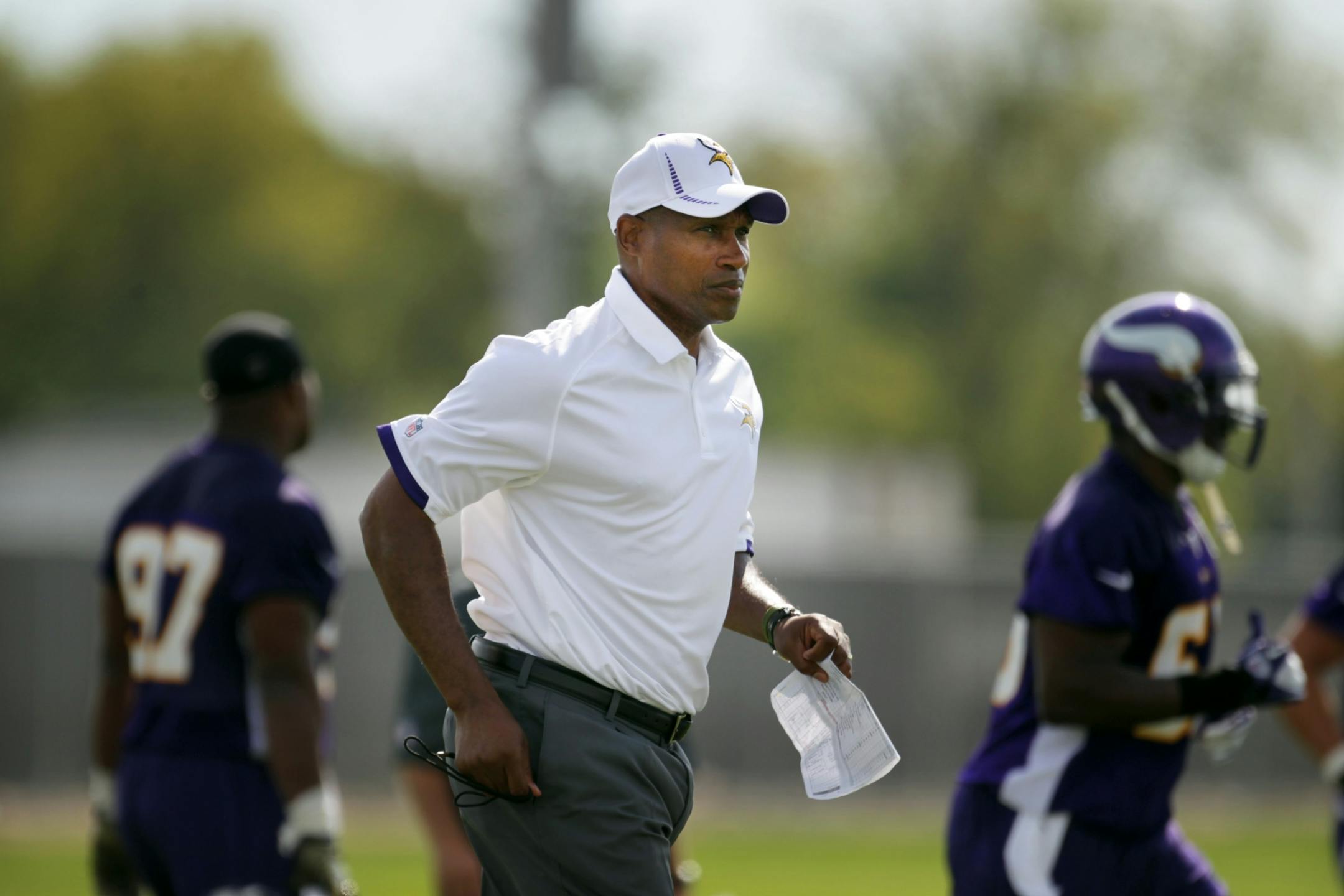 Vikings coach Leslie Frazier ran down the field with his team on the second day of practice at Minnesota State University, Mankato Saturday July 28, 2012 Mankato ,MN .
