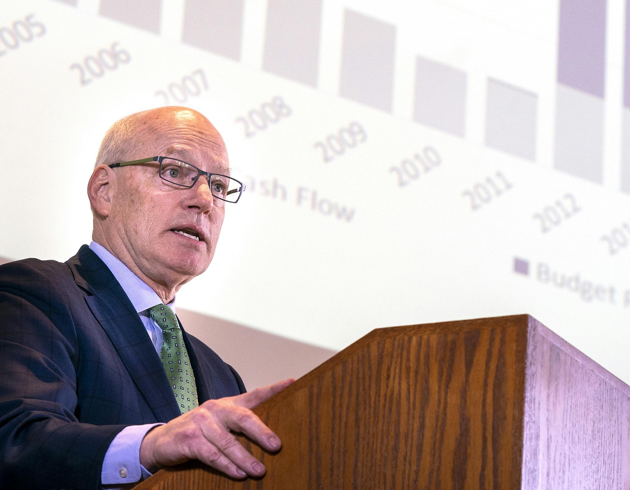 Myron Frans, commissioner of Minnesota Management of Budget, speaks during the Budget and Economic Forecast. ] LEILA NAVIDI • leila.navidi@startribune.com BACKGROUND INFORMATION: The State of Minnesota's Budget and Economic Forecast held in the Department of Revenue building in St. Paul on Thursday, February 28, 2019.