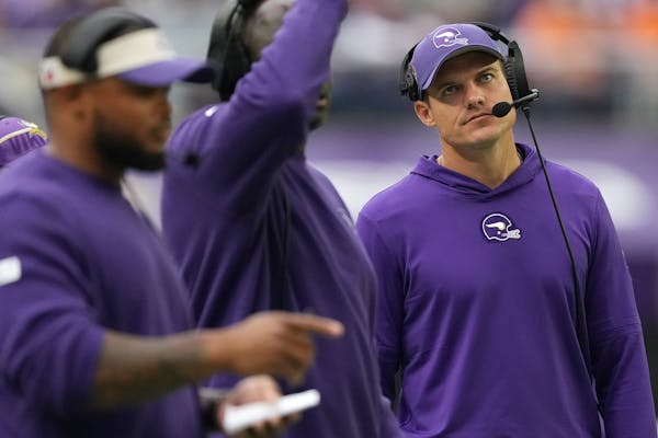 Vikings head coach Kevin O’Connell reacts to the offsides call on Jay Ward on a field-goal attempt that gave Tampa Bay a first down. 