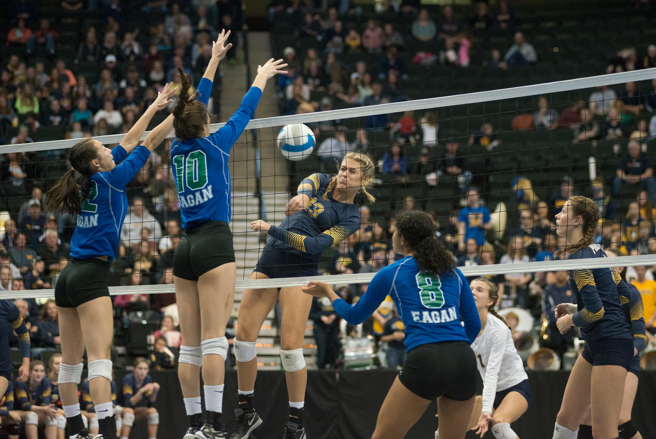 Prior Lake's Kayla Bair makes a return during the third set of the Class 3A volleyball championship last fall.