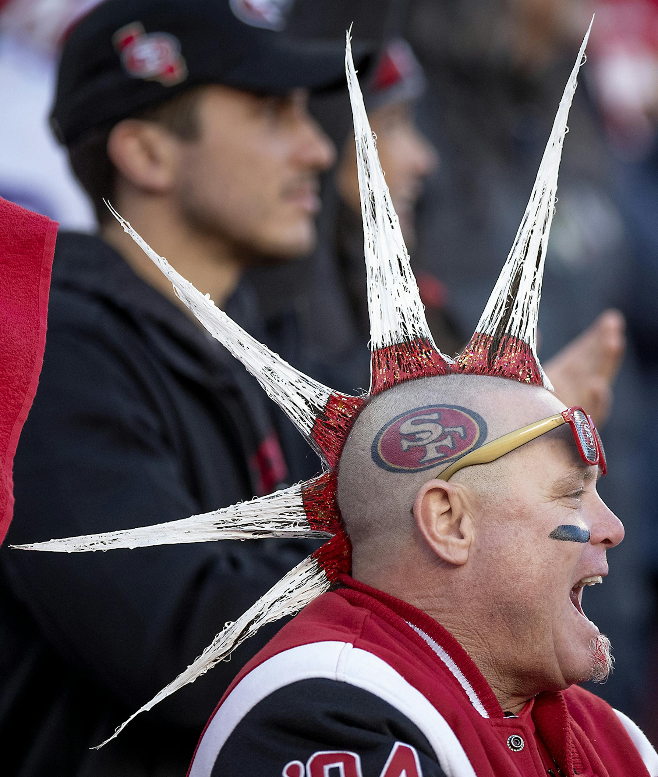 San Francisco fans cheered on their team during the fourth quarter. ] ELIZABETH FLORES • liz.flores@startribune.com The Minnesota Vikings take on the San Francisco 49ers in a playoff game at Levi's Stadium, Saturday, January 11, 2020 in Santa Clara, CA. ORG XMIT: MIN2001111938410469