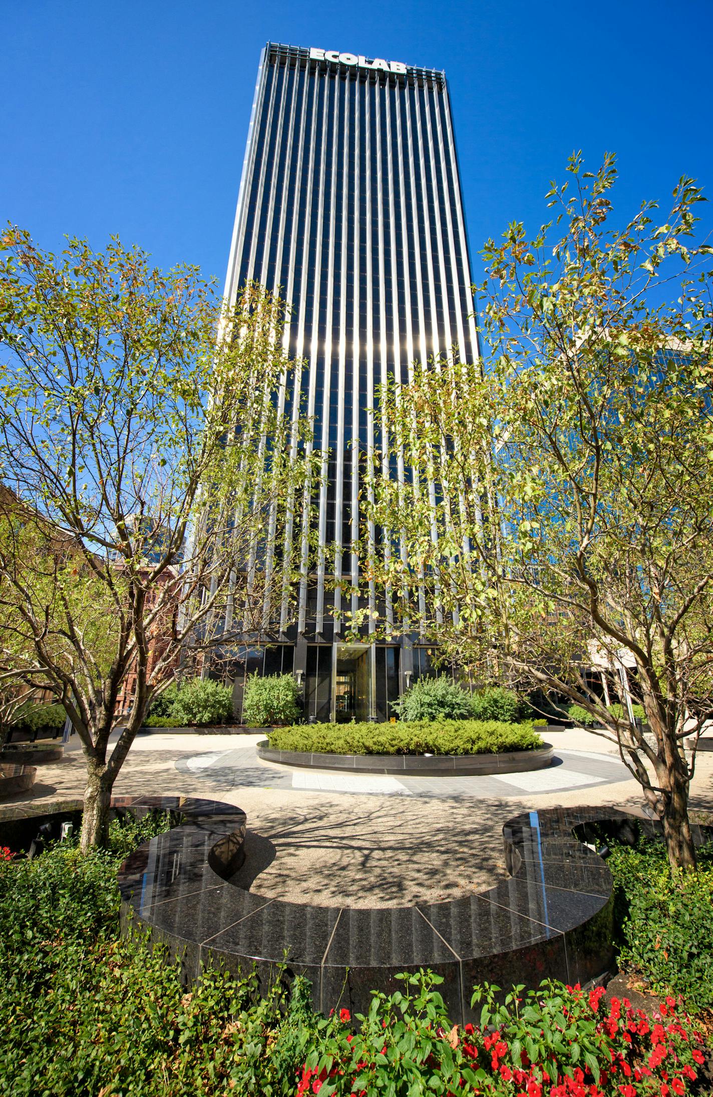 The outdoor plaza is an important feature to the Osborn370 building in the background. The former Ecolab headquarters will be transformed to Osborn370, a modern tech center in Downtown St. Paul. It still has the Ecolab name which will be changed to Osborn370. ] GLEN STUBBE &#x2022; glen.stubbe@startribune.com Tuesday August 8, 2017 The story behind the story of how the local low bidders were able to steal the Ecolab headquarters in downtown St. Paul for $3.6 million thanks to their innovative pl