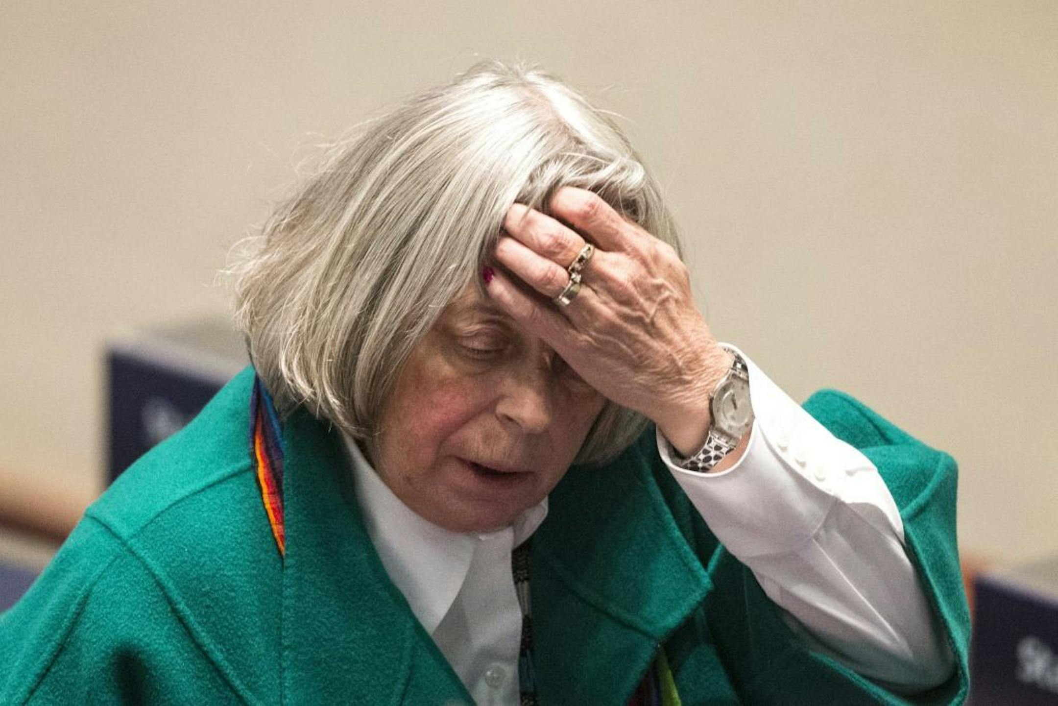 Toronto Councillor Pam McConnell is pictured after she was accidentally knocked over by Mayor Rob Ford in the council chamber.