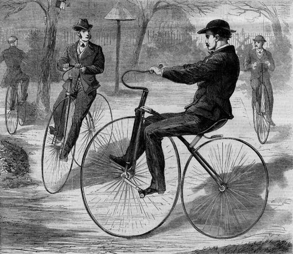 The American Velocipede, a wood engraving sketched by Theodore R. Davis and published in Harper's Weekly in December 1868.