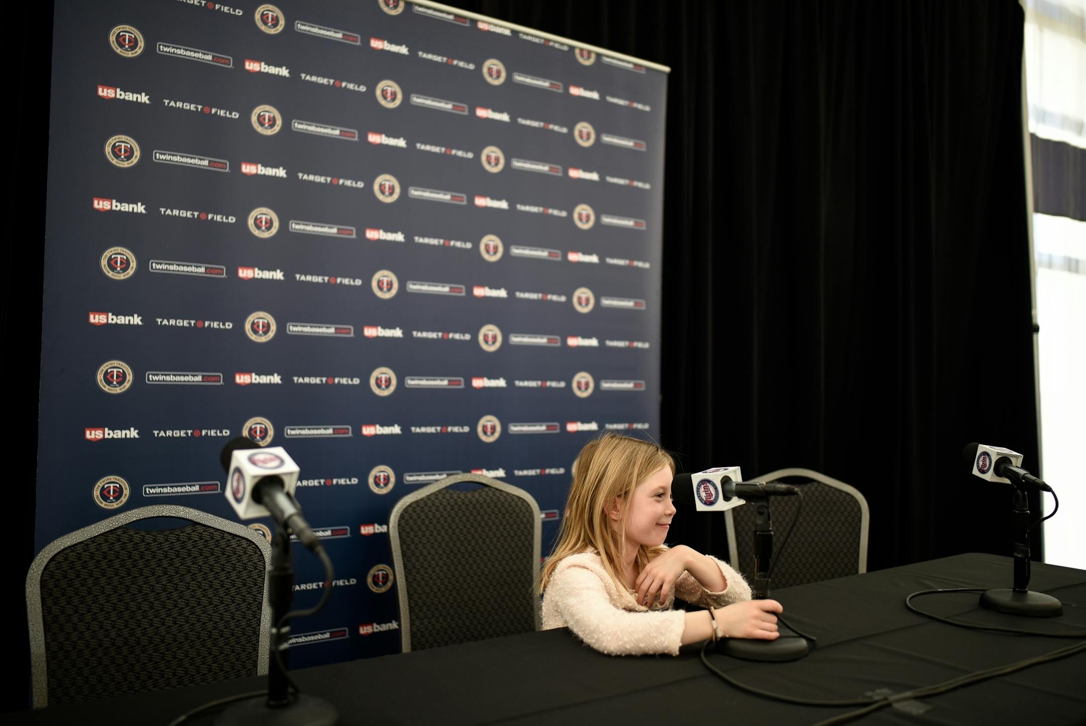 Evelyn Morneau, the 7-year-old daughter of former Twins first baseman Justin Morneau, took a few questions of her own after her father's retirement press conference Wednesday afternoon.