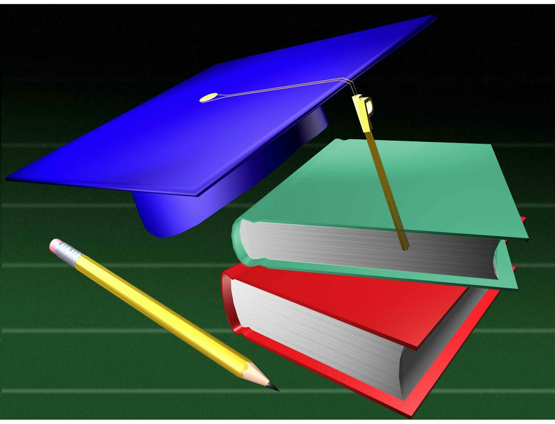 Kurt Strazdins color illustration of a graduation cap, books and pencil.