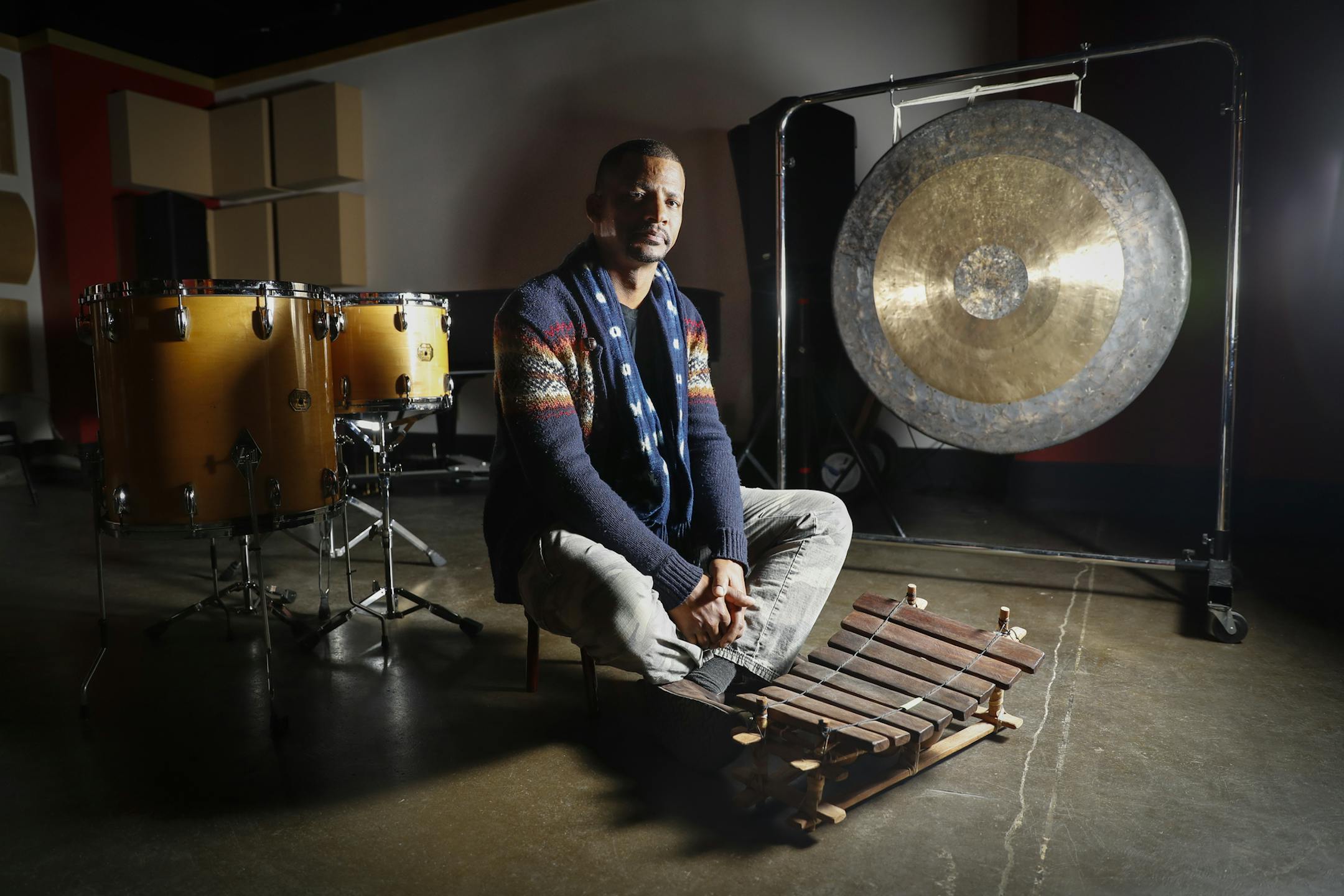 Jazz drummer Davu Seru posed for a picture with a mini balafon and a gong at Studio Z in St. Paul, Minn., on March 24, 2017. ] RENEE JONES SCHNEIDER &#x2022; renee.jones@startribune.com