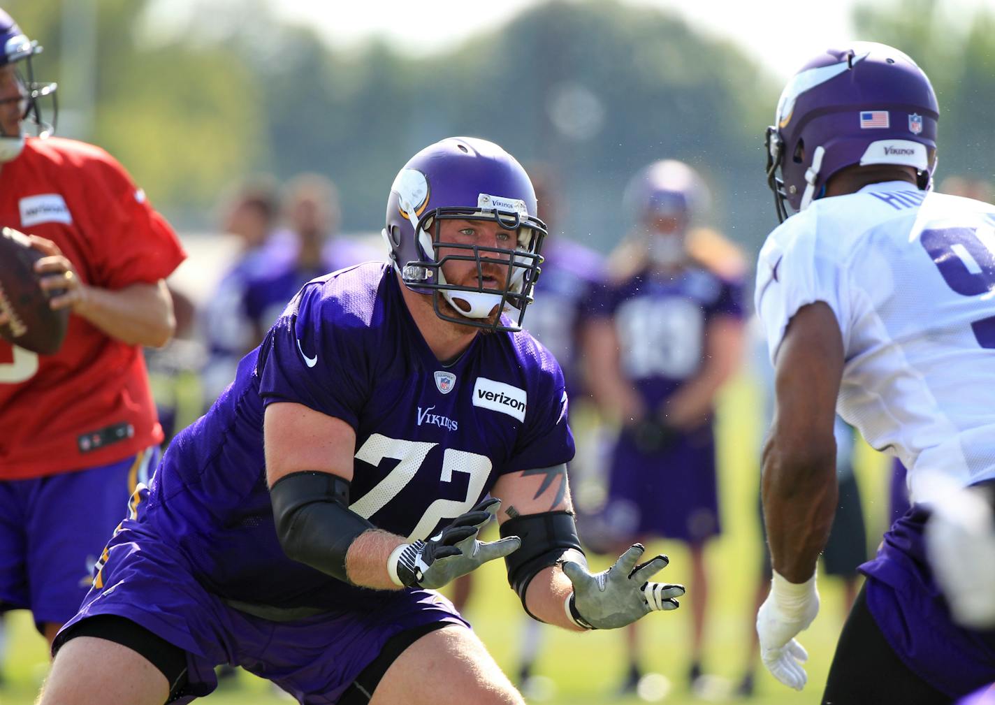 Right tackle Mike Remmers (72) is continuing to work through the concussion protocol as of Tuesday afternoon. He returned to practice and was limited, leaving the door open for his return Thursday against the Lions.