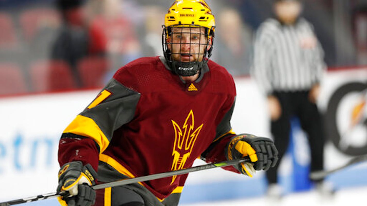 Arizona State's Johnny Walker during an Arizona State at Boston University NCAA hockey game on Friday, Jan. 25, 2019 in Boston (AP Photo/Winslow Townson)