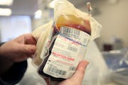 This Monday, March 9, 2020 file photo shows a packet of donated blood at The American Red Cross donation center in Scranton, Pa. On Friday, March 13, 