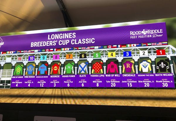 The field for the $6 million Breeders' Cup Classic at Santa Anita Park is displayed on a video board at the track.