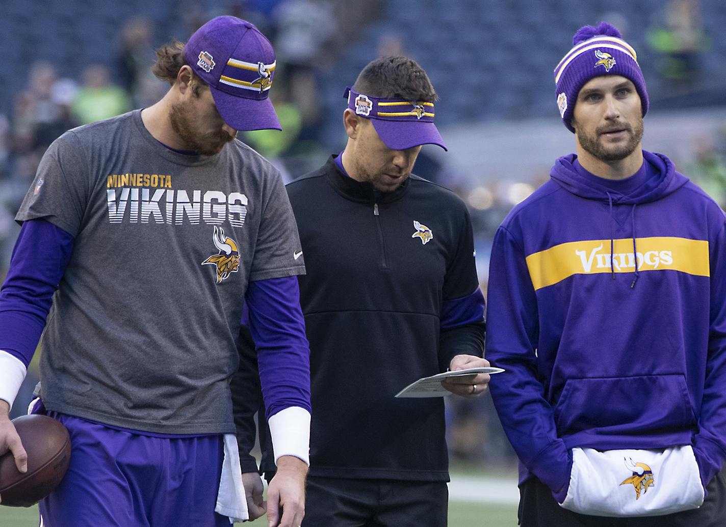 Vikings quarterbacks Sean Mannion, left, and Kirk Cousins before the game. ] ELIZABETH FLORES &#x2022; liz.flores@startribune.com The Minnesota Vikings take on the Seattle Seahawks at CenturyLink Field, Monday, December 2, 2019 in Seattle, WA.