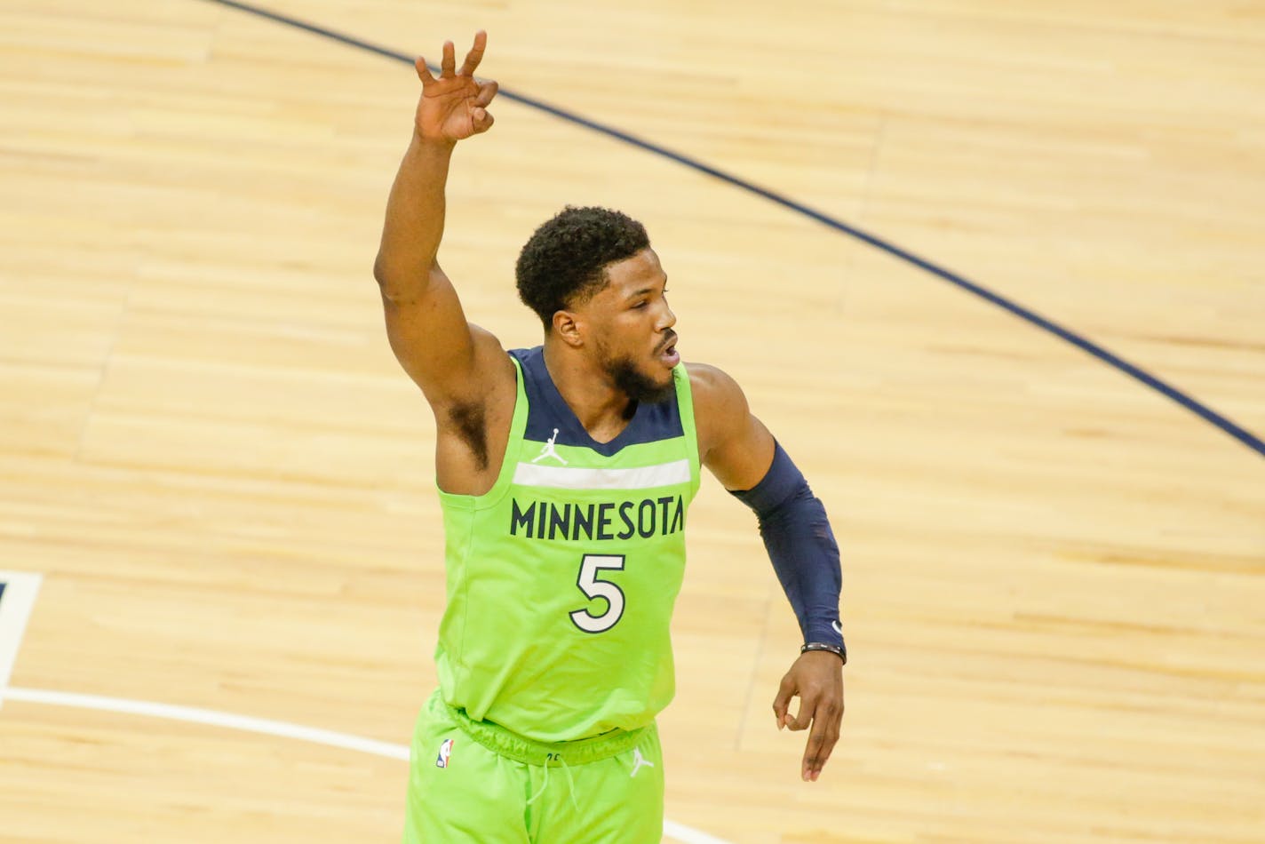 Minnesota Timberwolves guard Malik Beasley gestures against the Houston Rockets during an NBA basketball game, Saturday, March 27, 2021, in Minneapolis. (AP Photo/Andy Clayton-King)