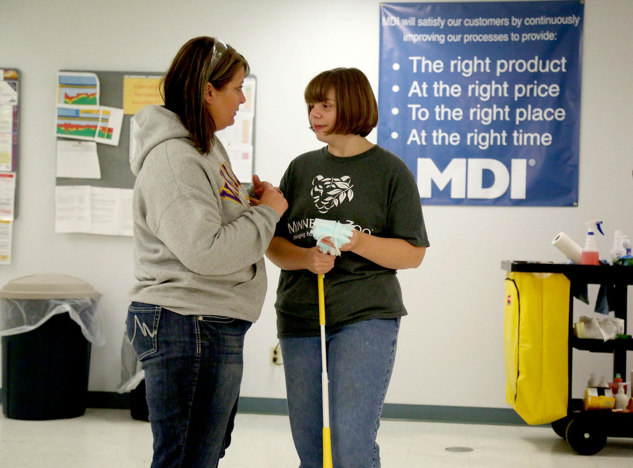 Disabled workers like John Week, 37, have opportunities that they never thought possible. Workers who once toiled for years in dead-end jobs are now making up to $14 an hour at an MDI facility and have opportunities for advancement. Breanna Terwey, 23, chatted with fellow employee Kelli Petersen while cleaning the break room at MDI&#xed;s recycling plant Tuesday, Sept. 27, 2016, in Cohasset, MN. ](DAVID JOLES/STARTRIBUNE)djoles@startribune.com For years, Minnesota Diversified Industries in Grand