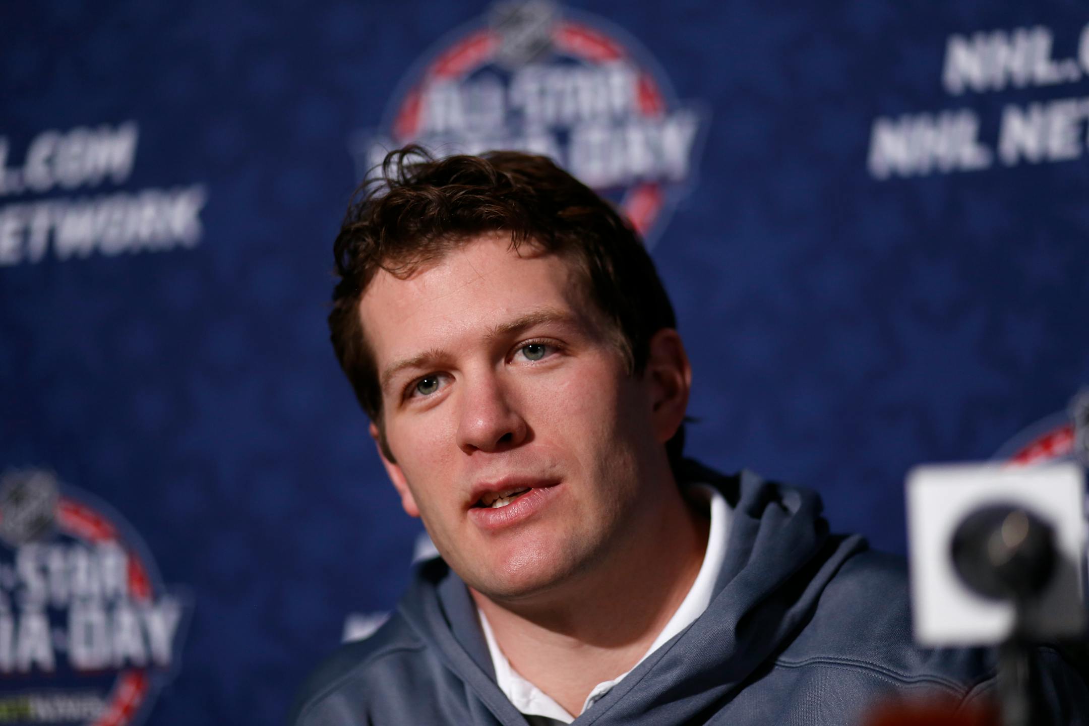Minnesota Wild's Ryan Suter is interviewed during Media Day at the NHL All-Star hockey weekend in Columbus, Ohio, Friday, Jan. 23, 2015. (AP Photo/Gene J. Puskar
