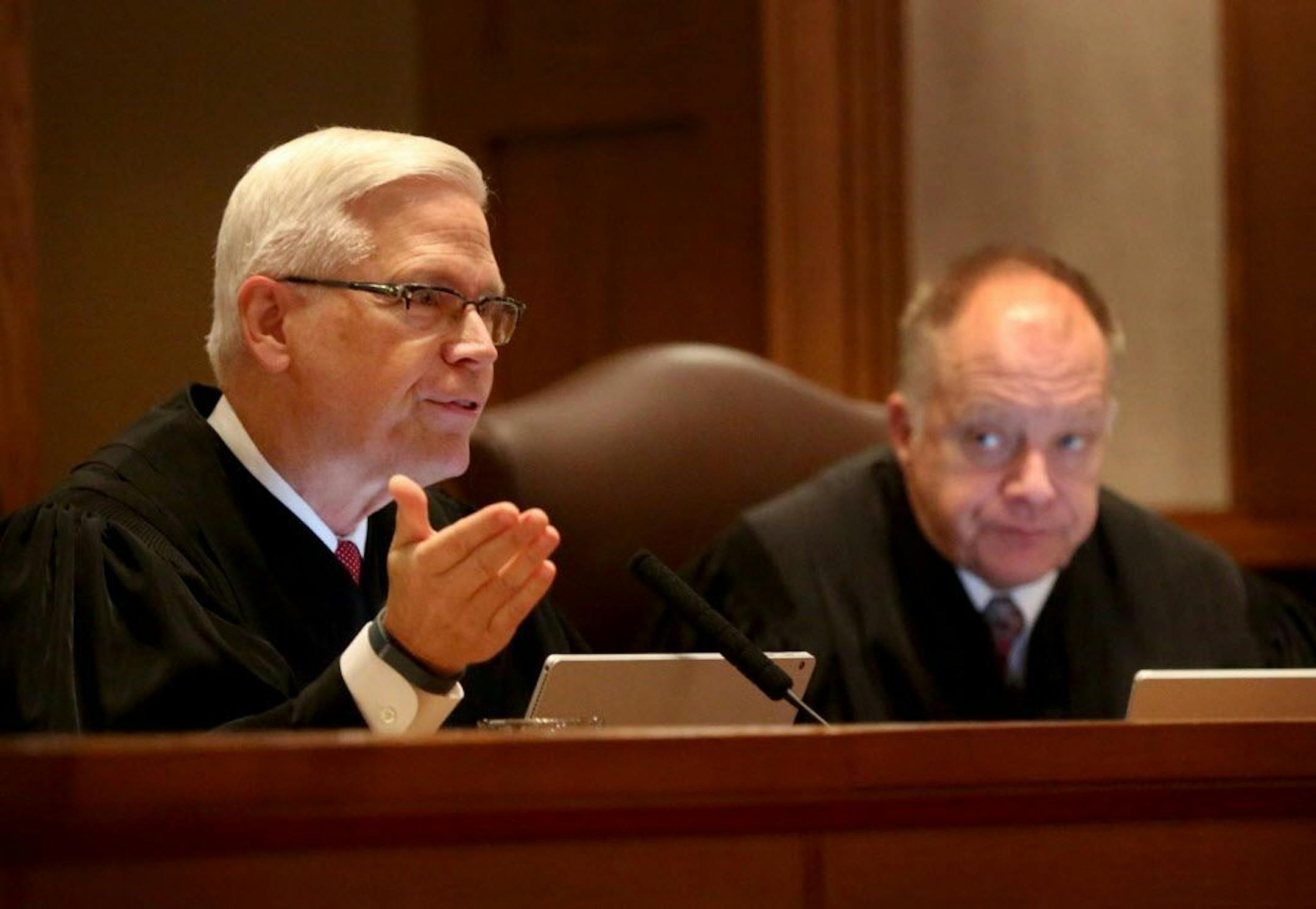 Associate Justice David Lillihaug posed a question during oral arguments at the Minnesota Supreme Court on Nov. 1, 2016 as Associate Judge G. Barry Anderson listened.