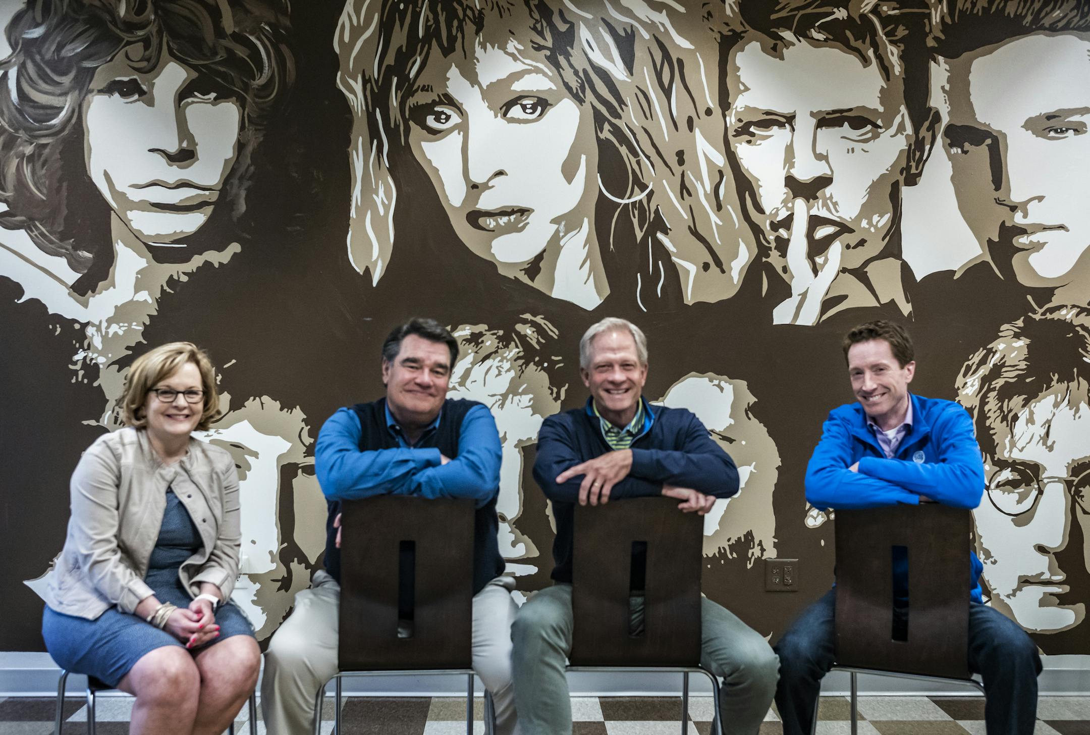 L to R: Even the lunch room is painted to celebrate creativity at SDG where the art work of famous musicians was painted by its consultants. Jana Bertheaume (Director of HR), Keith Martin (President), Doug Rhodes (Director of Sales) and Mark Reid (Consultant) .]RICHARD TSONG-TAATARII ¥ richard.tsong-taatarii@startribune.com