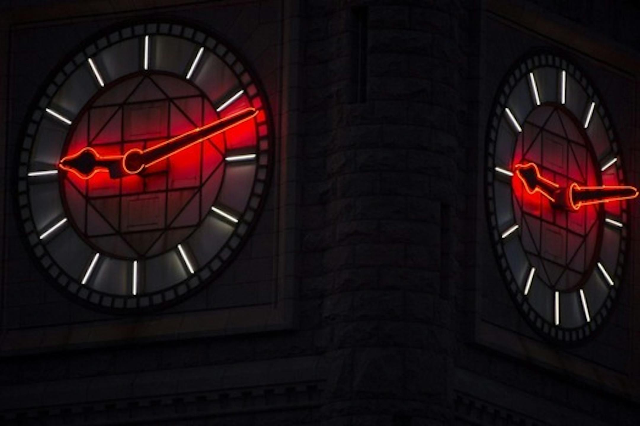 The red neon tubing on the City Hall clock hands has illuminated the Minneapolis skyline since 1949.