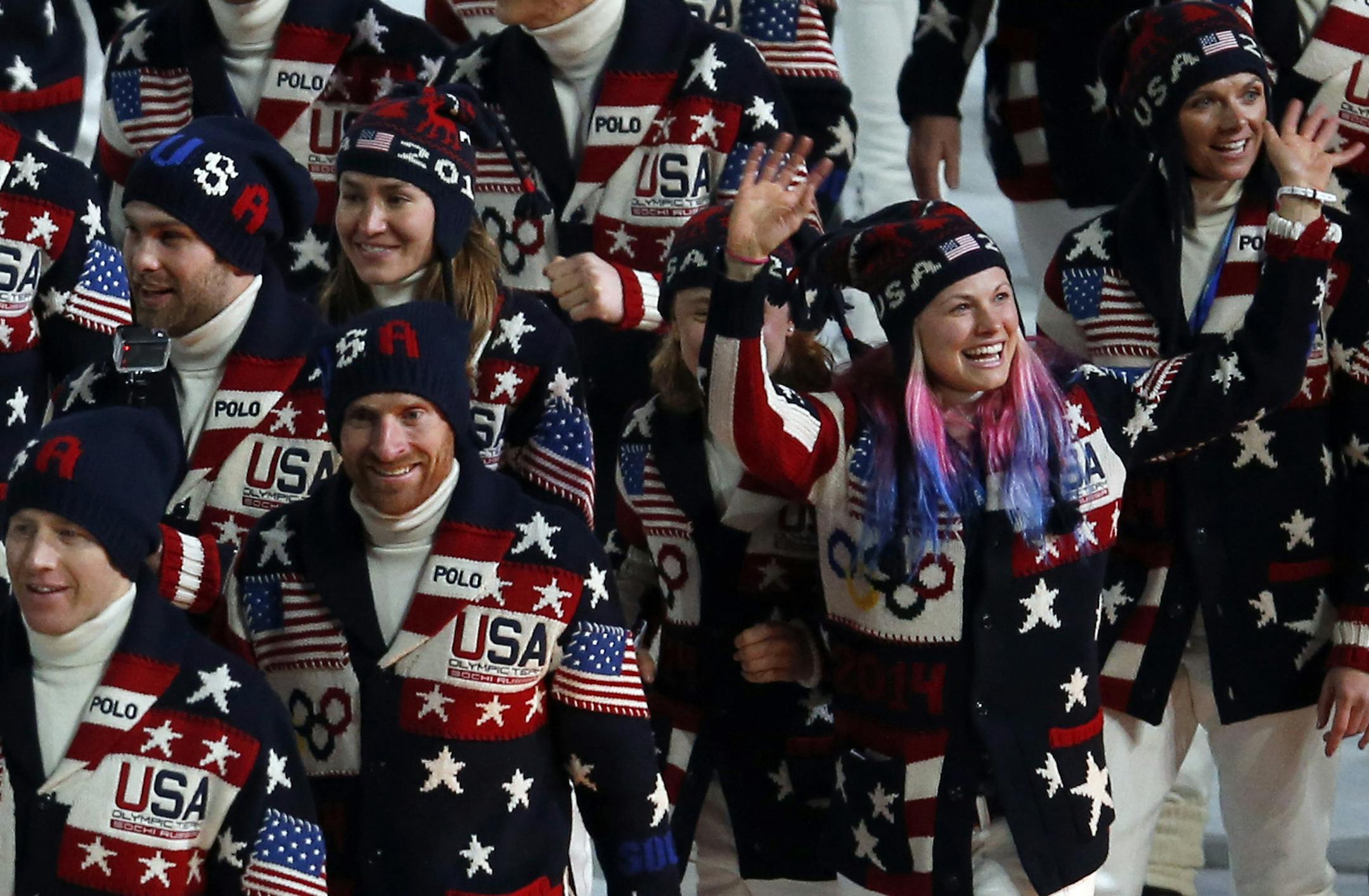 Team USA athletes entered Fisht Olympic Stadium during Opening Ceremonies of the 2014 Sochi Winter Olympics. ] CARLOS GONZALEZ cgonzalez@startribune.com - February 7, 2013, Adler, Russia, Sochi 2014 Winter Olympics, Opening Ceremonies, Fisht Olympic Stadium (50% sure that is Jessie Diggins (Afton, Minn.) on right)