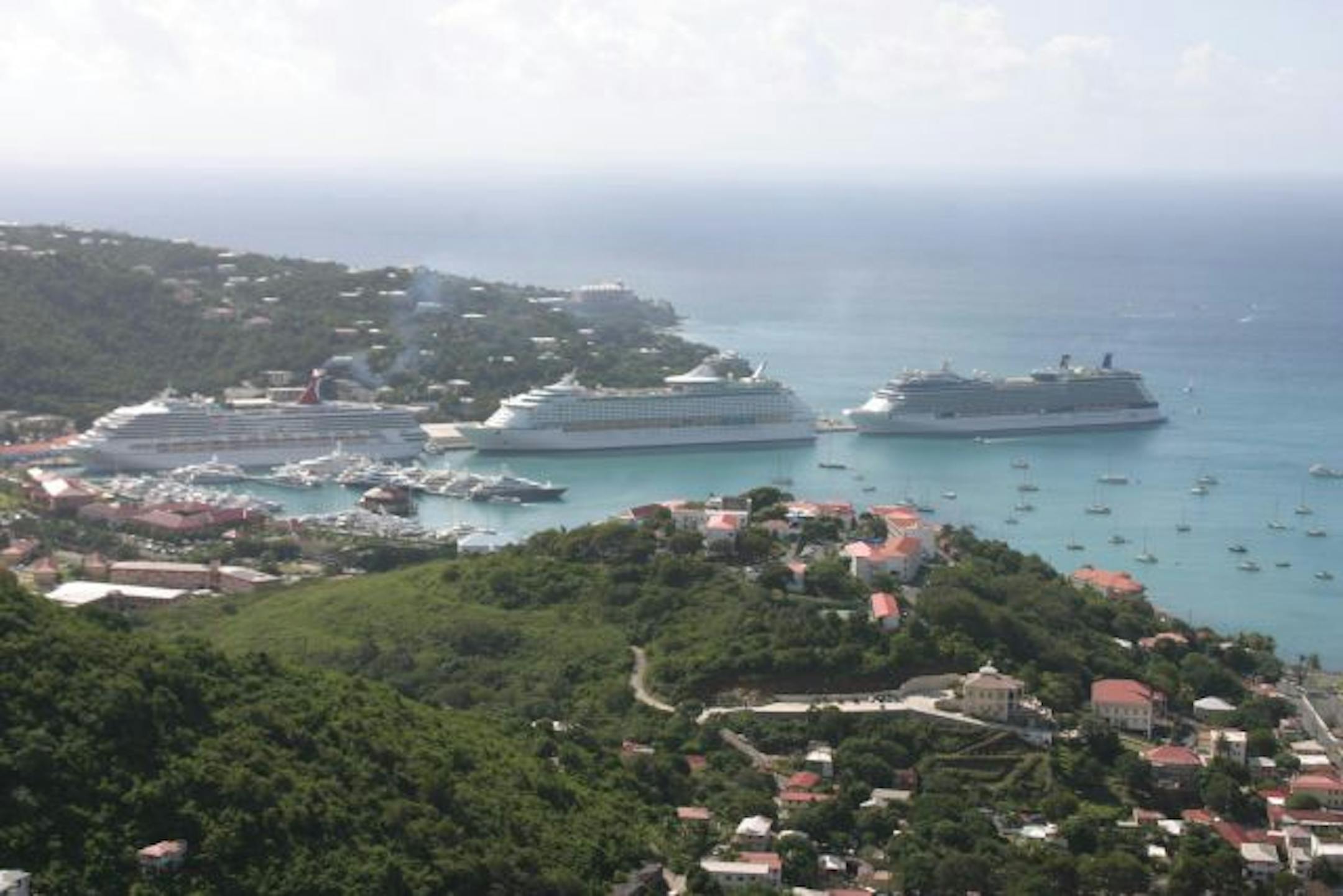 Cruise ships are in port in Charlotte Amalie harbor, St. Thomas. Most cruise ships come on Sunday through Tuesday.