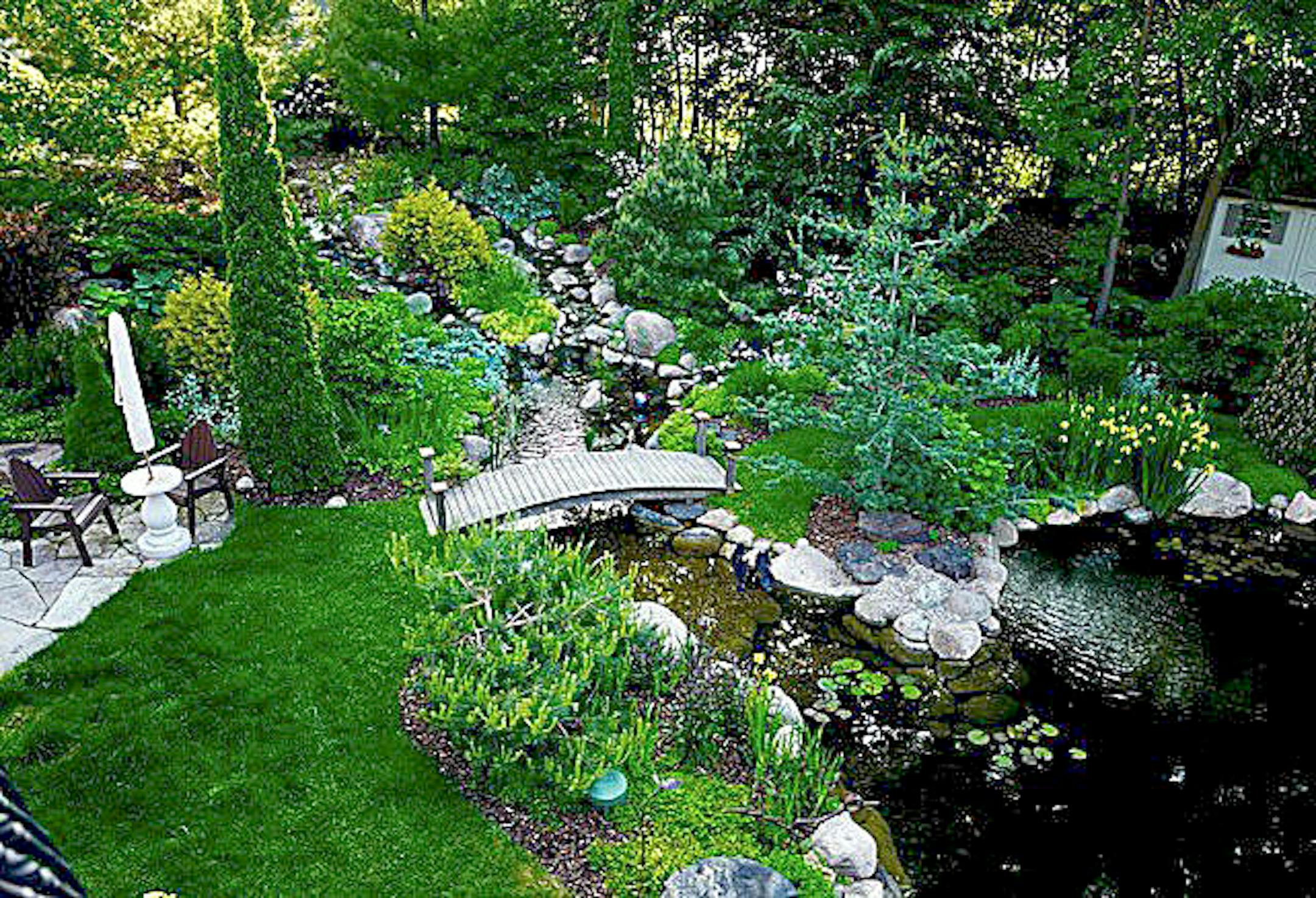A waterfall and stream flow into the Koenigs' koi pond.