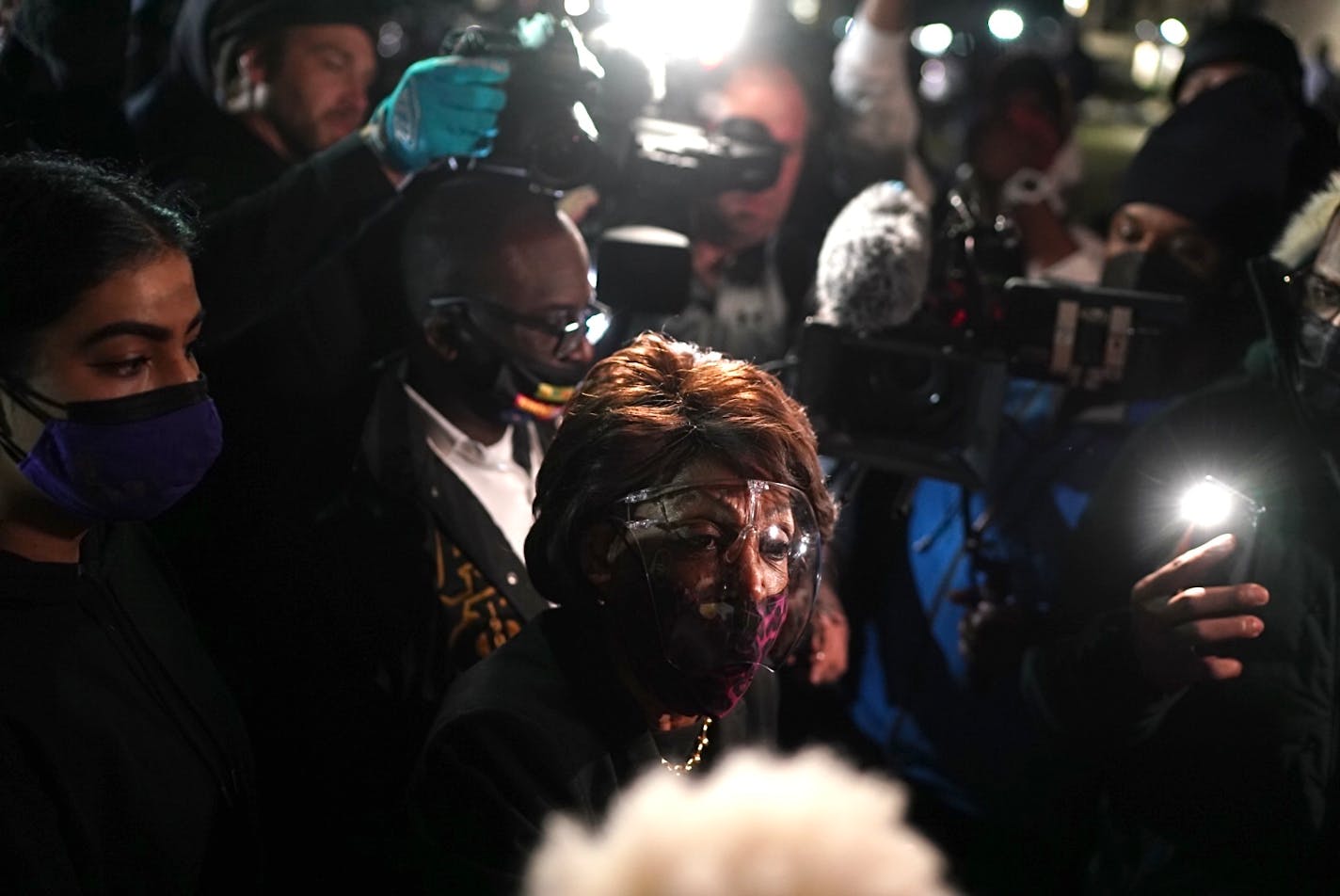 U.S. Rep. Maxine Waters briefly showed up to a protest outside the Brooklyn Center Police Department in response to the death of 20-year-old Daunte Wright in Brooklyn Center, Minn. on Saturday, April 17, 2021. Wright, a Black man, was fatally shot during a traffic stop by a white Brooklyn Center police officer, Kimberly Potter, on Sunday, April 11. ] RENEE JONES SCHNEIDER • renee.jones@startribune.com