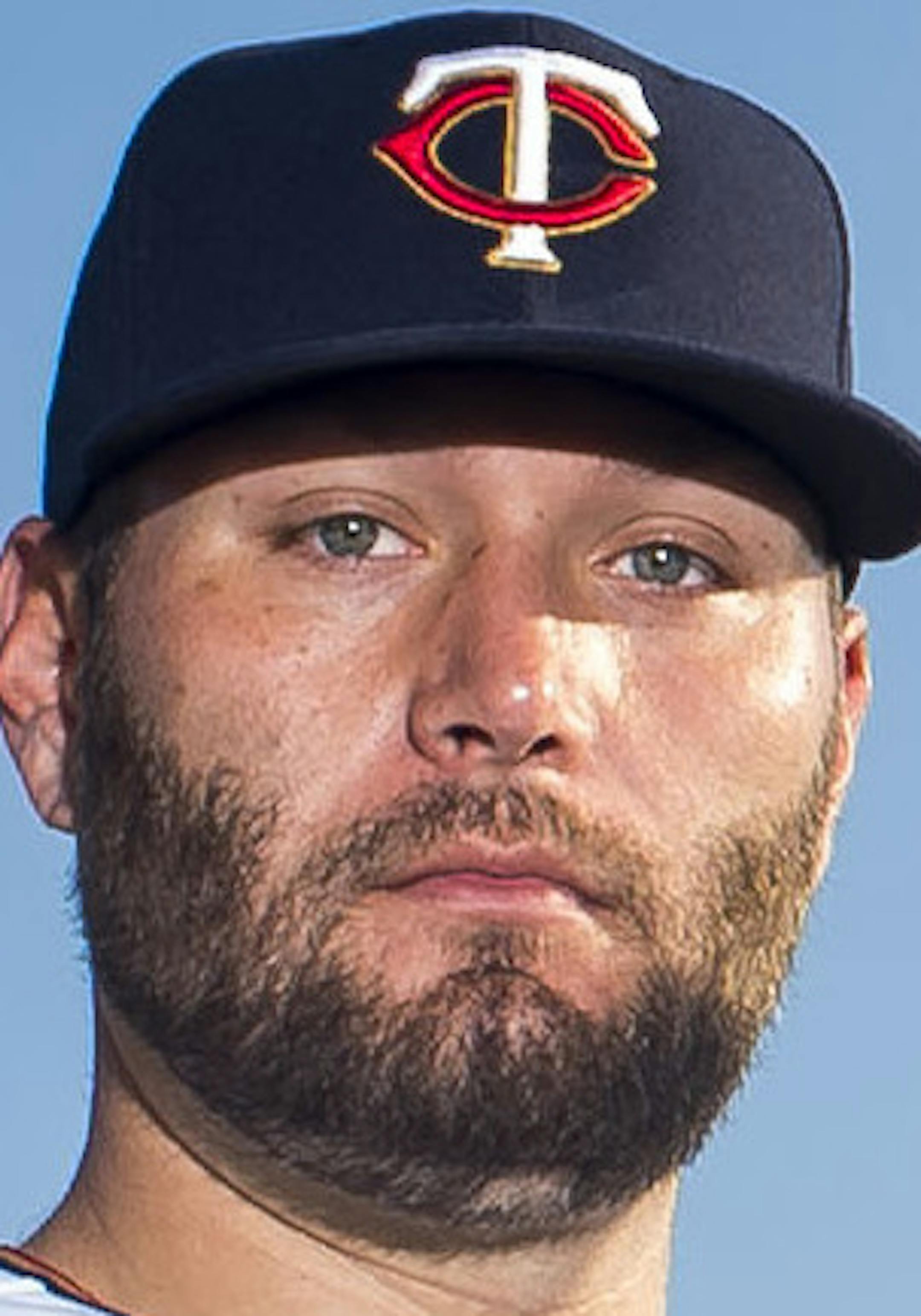 Minnesota Twins players Lance Lynn, left, and Logan Morrison, right, pose for a portrait on Sunday morning, March 18, 2018 in Hammond Stadium at CenturyLink Sports Complex in Fort Myers, Florida.
