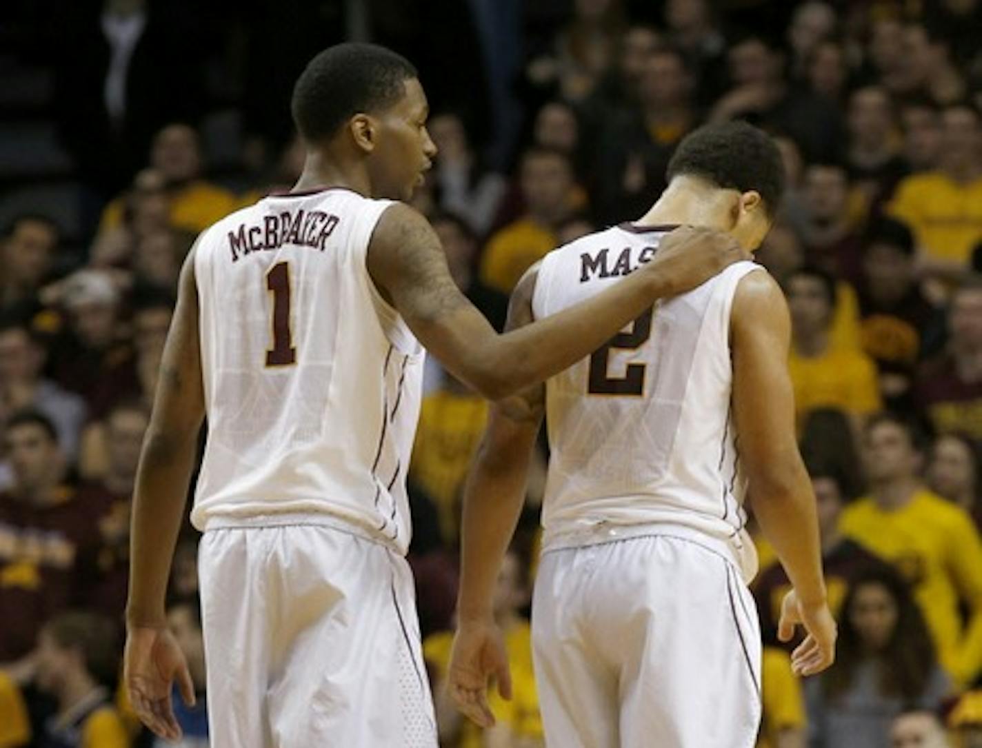 Minnesota guards Dupree McBrayer (1) and Nate Mason (2).