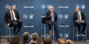 Marc Lore and Alex Rodriguez along with Timberwolves and Lynx owner Glen Taylor during a news conference Monday.