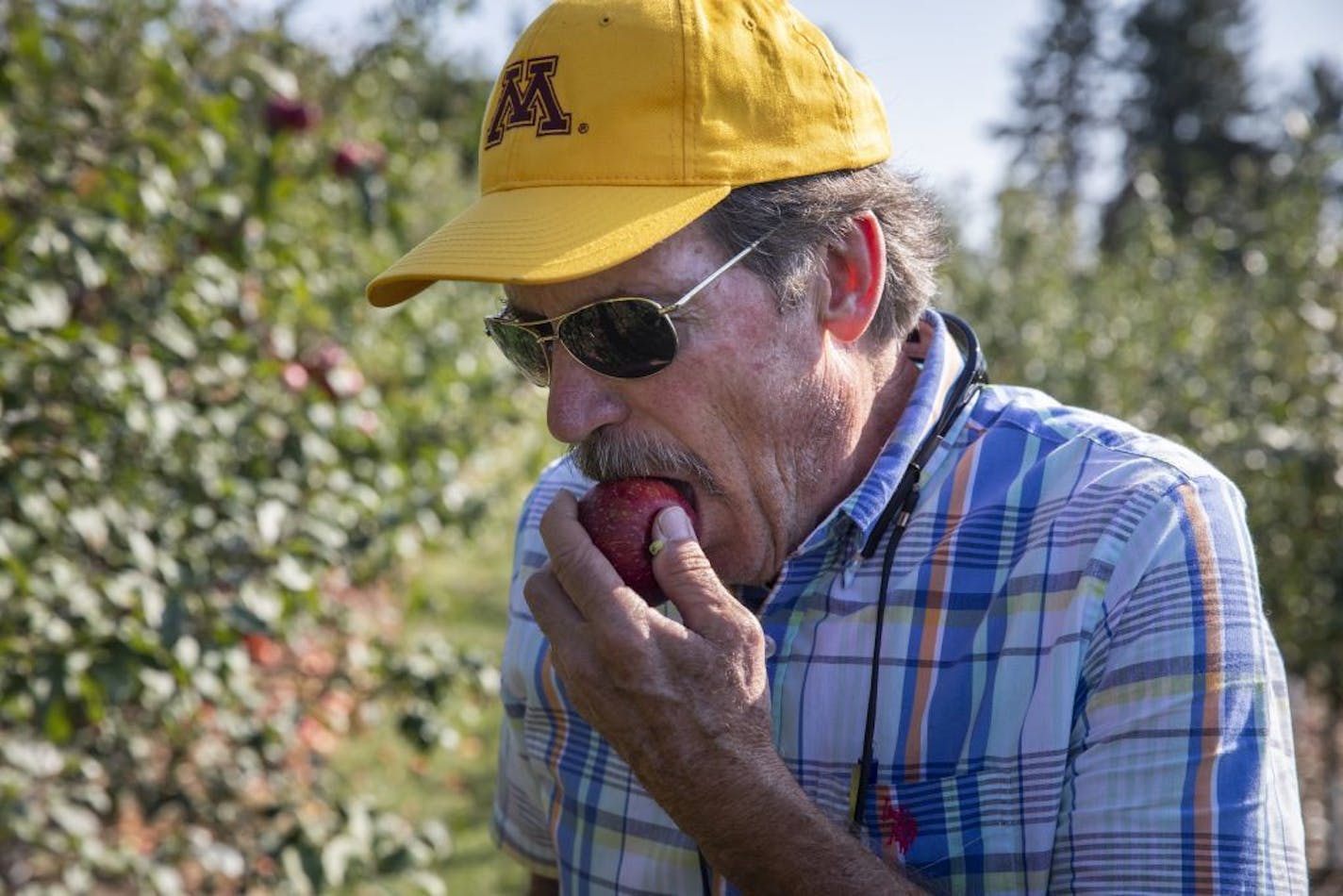 David Bedford demonstrates how he tastes an apple.