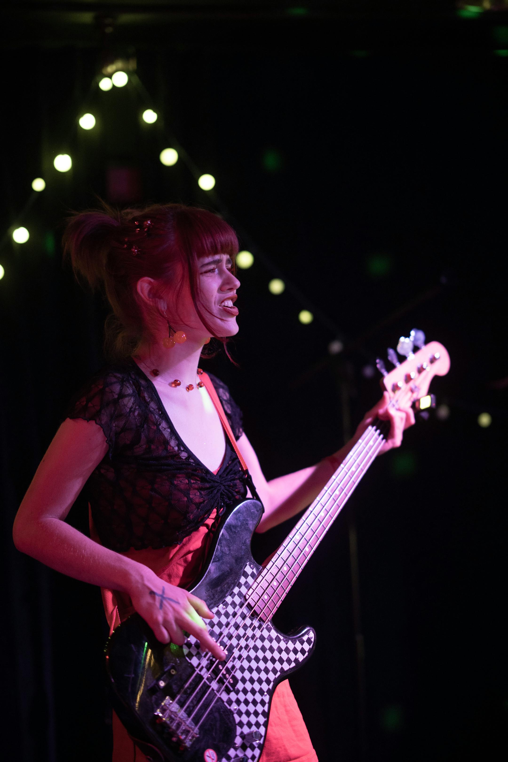 Bassist Lou Levy of Surly Grrly performing during the first show of their Pride Month residency at Mortimer's in Minneapolis Wednesday night, June 7, 2023. Minneapolis power-punk trio Surly Grrly is leading the "It Smells Like Queer in Here" residency series at Mortimer's in June with fellow queer punk groups, part of a long string of shows by these rowdy and fun envelope-pushers. ] JEFF WHEELER • jeff.wheeler@startribune.com
