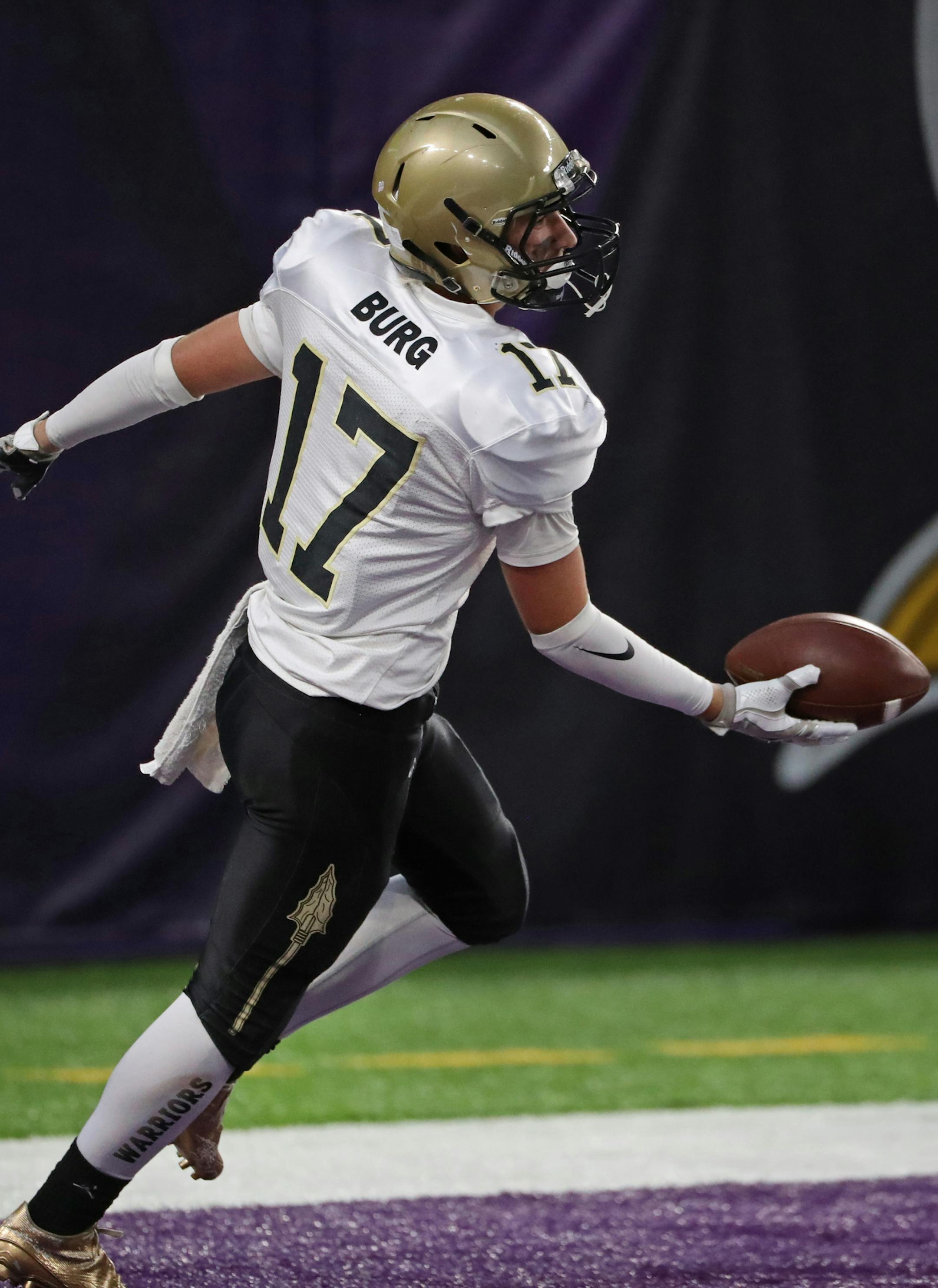 Caledonia wide receiver Jordan Burg ran into the end zone on a 44-yard play against Barnesville in the third quarter. ] Shari L. Gross / sgross@startribune.com Caledonia defeated Barnesville 55-20 in a class 2A Minnesota State High School football semifinal game at U.S. Bank Stadium on Friday, November 18, 2016 in Minneapolis, Minn.