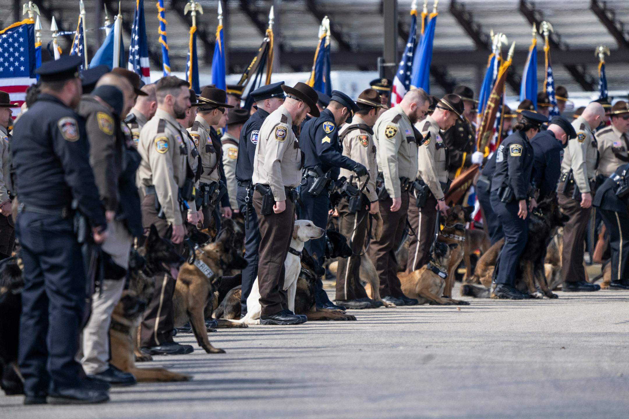 K-9 officers and dogs line up outside the building after the visitation and funeral of Pope County deputy Josh Owen who was fatally shot while responding to a domestic disturbance call a week ago.