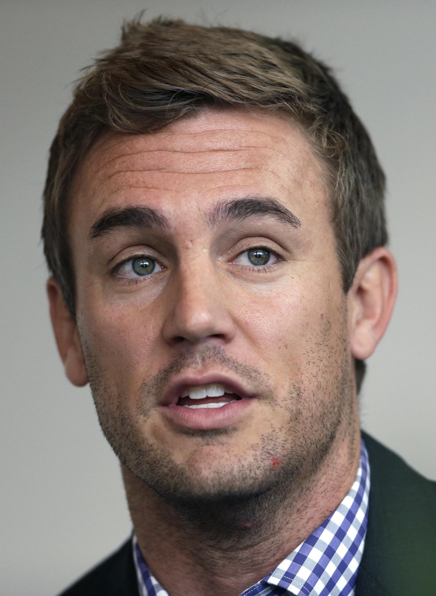 Former MLS soccer player Taylor Twellman speaks during a concussion symposium at Villanova University School of Law, Friday, March 15, 2013, in Villanova, Pa. (AP Photo/Matt Rourke) ORG XMIT: PAMR111