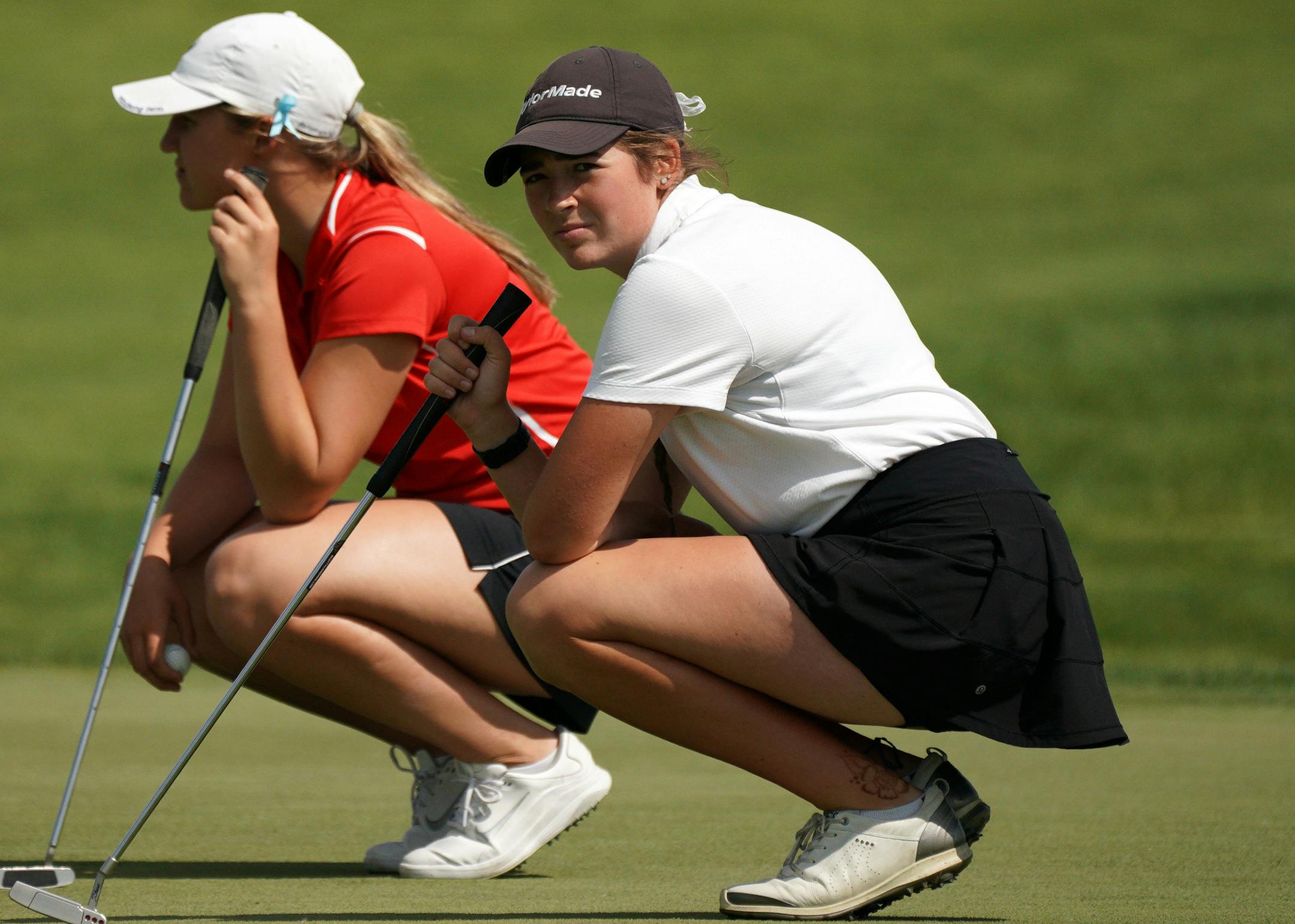 Red Wing's Sophia Yoemans lined up a shot on the eighth green. ] ANTHONY SOUFFLE • anthony.souffle@startribune.com Student athletes competed in the MSHSL Class 2A golf championship Wednesday, June 12, 2019 at the Ridges at Sand Creek Golf Course in Jordan, Minn.