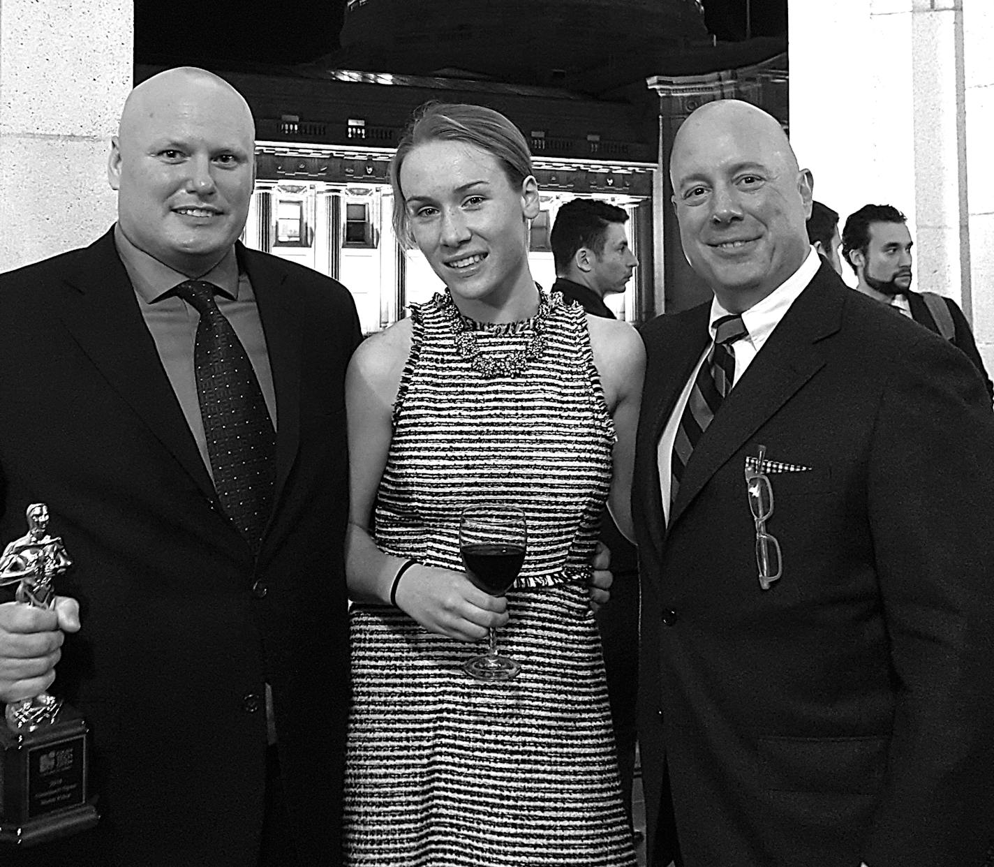 Viroment CEO Paul Koenig (left) in November at the Herbst Theater in San Francisco with the "water prize" from the 2015 Cleantech Open. Also pictured: Katherine McDonald, division director of the Cleantech Open; and CEO Bob Thorbus of Bloomington-based Arc Suppression Technologies, a finalist in the Midwest Cleantech Open.