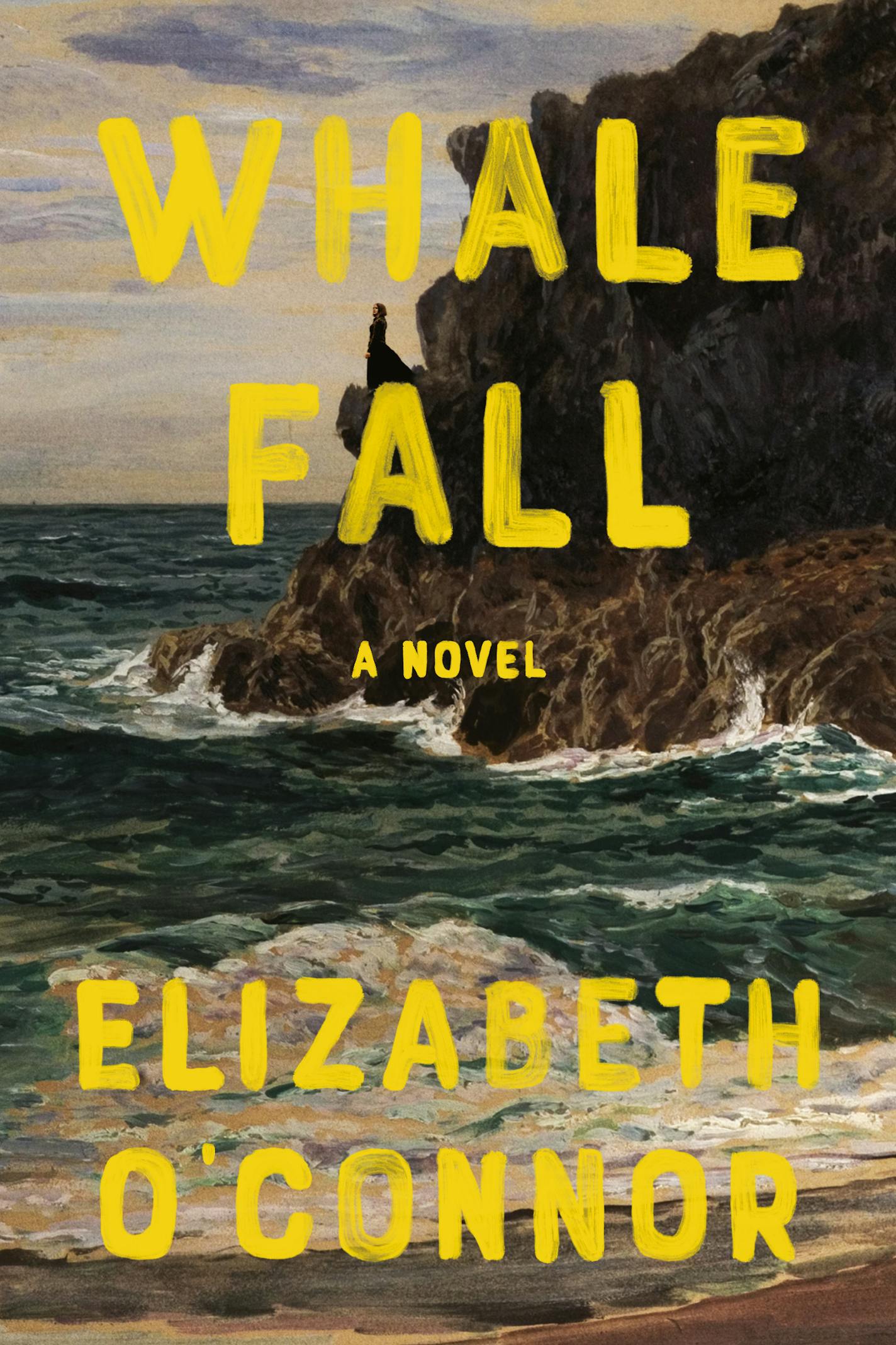 cover of "Whale Fall" is a painting of a rocky beach with crashing waves