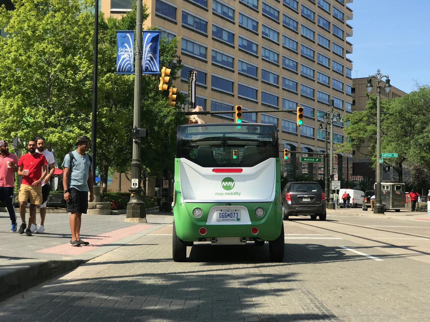 The robotics expert May Mobility outfitted Polaris Industries' electric GEM vehicles with autonomous driving technology. Pilot test will run Oct. 9-13 in downtown Detroit. Test is being run for Bedrock LLC, which is considering starting a driverless shuttle service for its Detroit employees. SOURCE: May Mobility