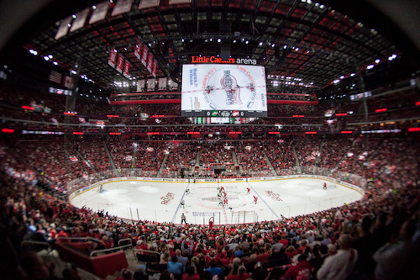 Players get ready for the puck drop during the Detroit Red Wings' home opener against the Minnesota Wild at Little Caesars Arena in Detroit on Thursday, Oct. 5, 2017. (Kirthmon F. Dozier/Detroit Free Press/TNS) ORG XMIT: 1212705