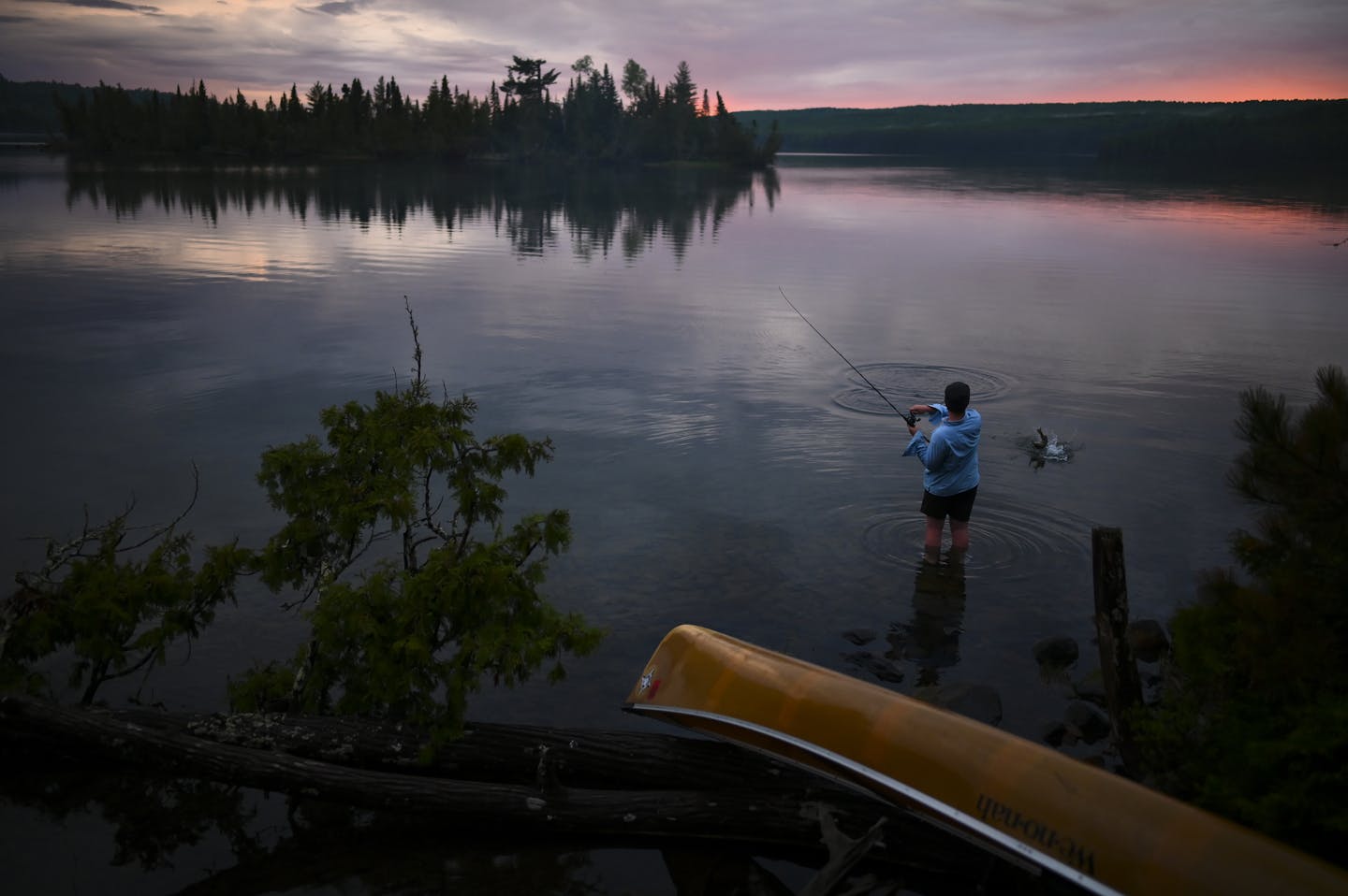 Aidan Jones caught a smallmouth bass while wading in the water off a South Lake campsite Tuesday night. ] Aaron Lavinsky ¥ aaron.lavinsky@startribune.com DAY 1 - Tony Jones, his 14-year old son Aidan , their friend Brad Shannon and Outdoors editor Bob Timmons embarked onto the Voyageurs Highway on Tuesday, June 11, 2019. Their path Tuesday took them from Gunflint Lake, to North Lake, through the Height of Land Portage eventually ending at a camp site on South Lake in the BWCA. ORG XMIT: MIN19062