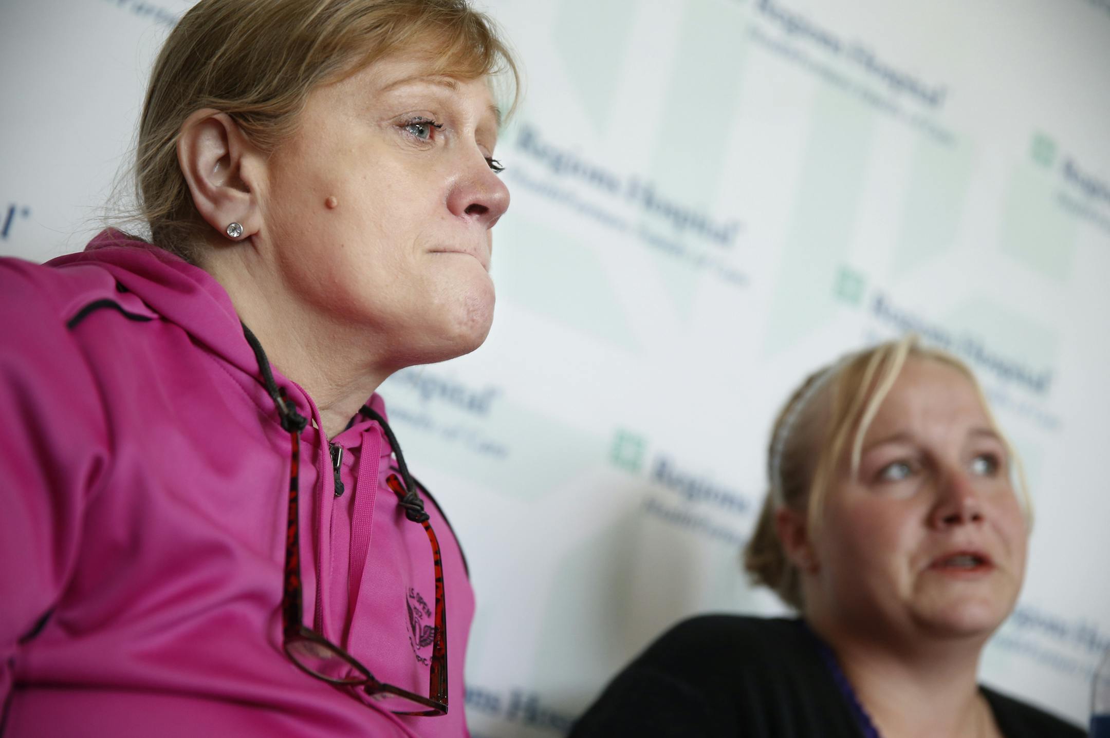 At Region Hospital in St. Paul, mother Sandy Romero and cousin Angie Hammerlindl addressed the condition of hit and run victim Wade souster.]richard tsong-taatarii/rtsong-taataarii@startribune.com