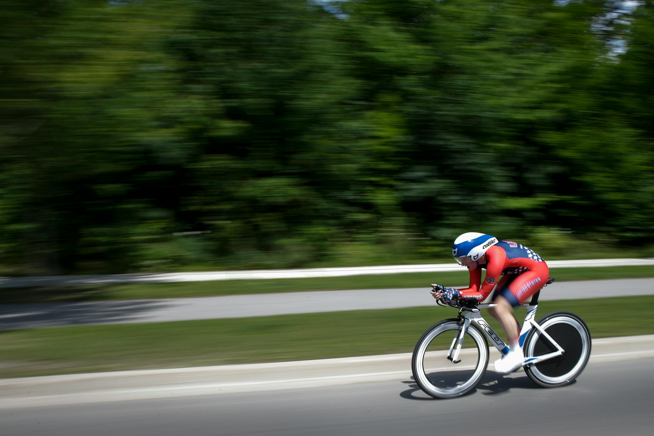 United States' Kelly Catlin pedals during the women's individual time trial cycling competition at the Pan Am Games in Milton, Ontario, Wednesday, July 22, 2015. Catlin won the gold medal in the event. (AP Photo/Felipe Dana)