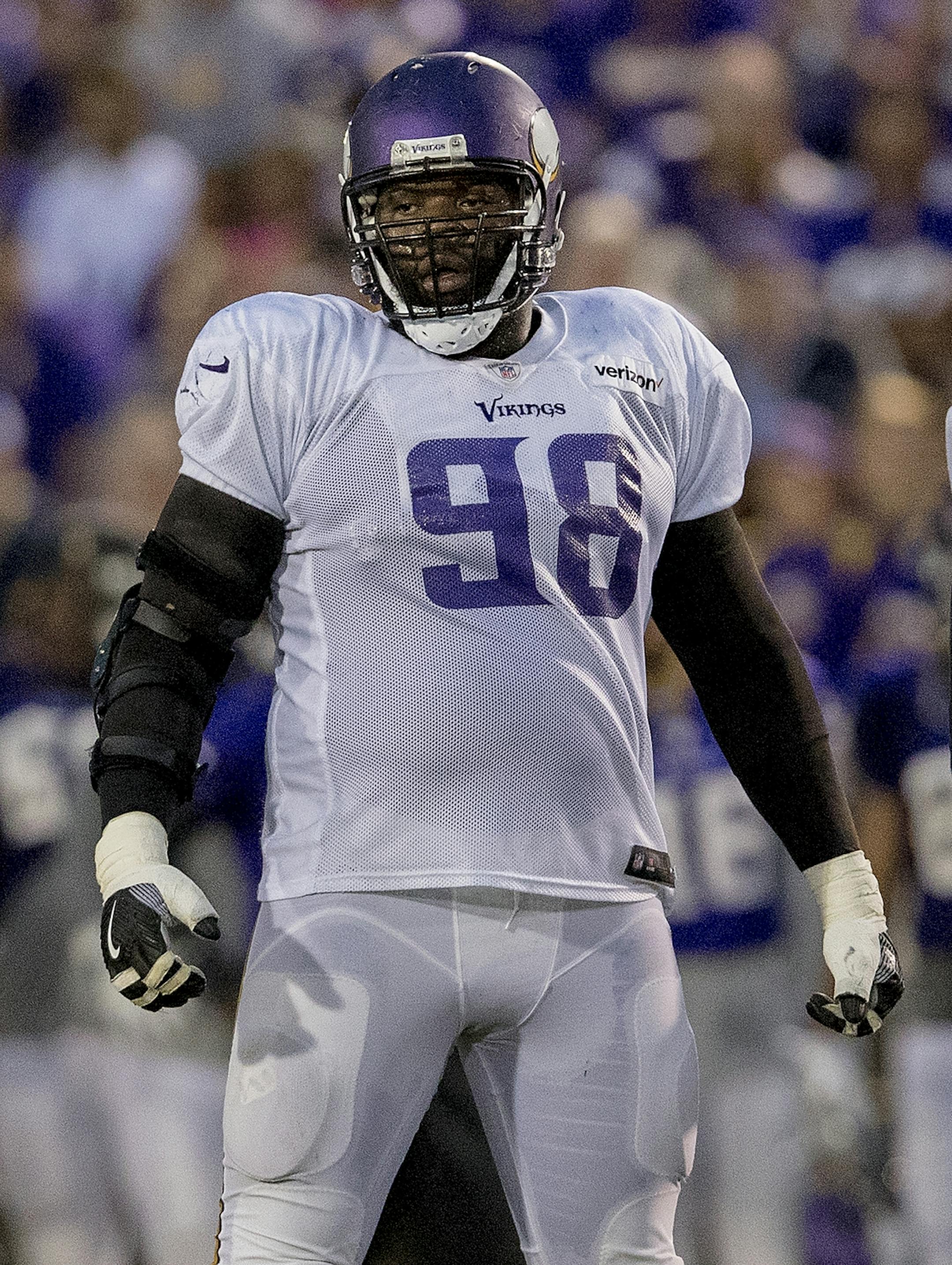Minnesota Vikings defensive lineman Linval Joseph during practice at Blakeslee Stadium in Mankato.