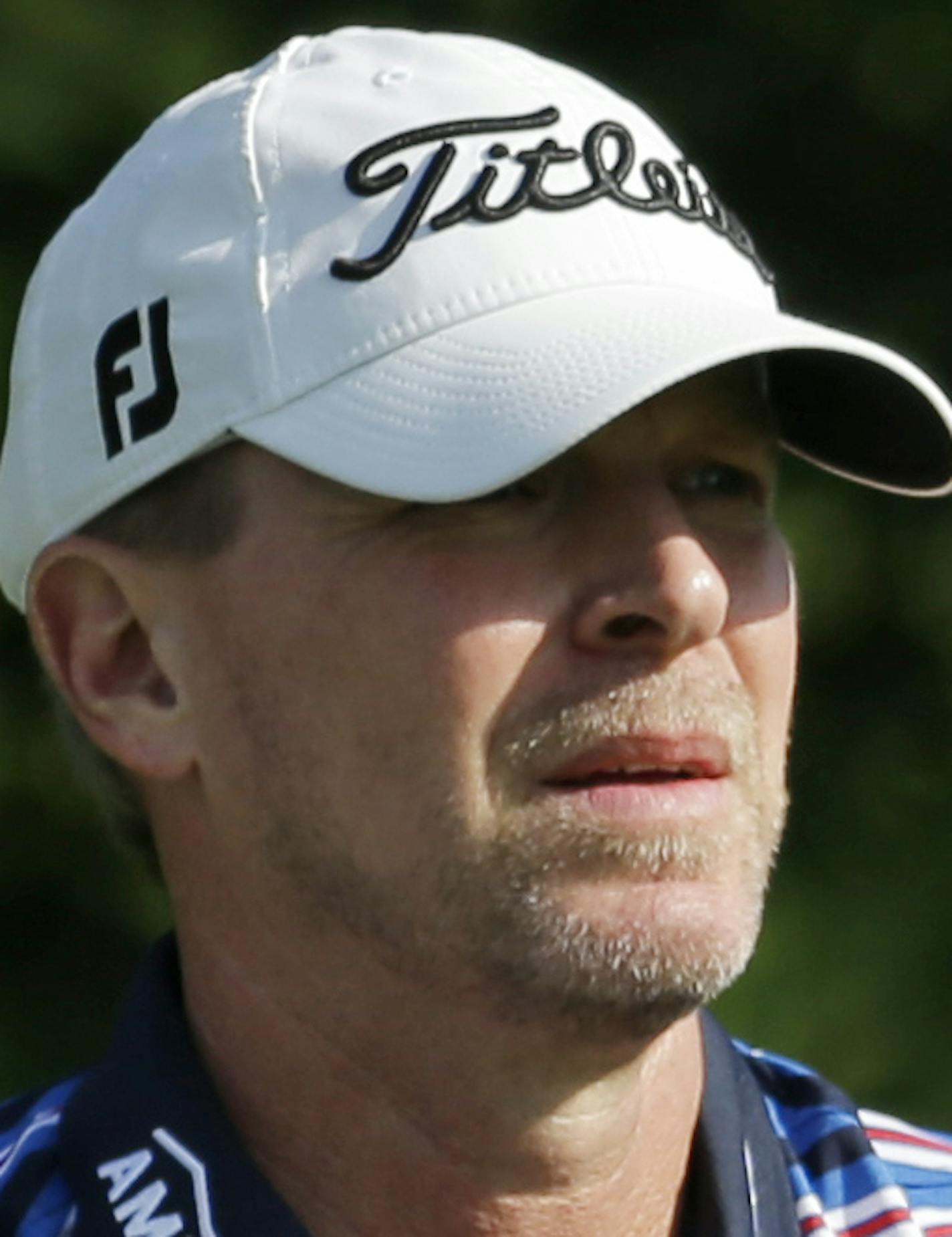 Steve Stricker watches his tee shot on the 14th hole during the second round of the Memorial golf tournament Friday, June 5, 2015, in Dublin, Ohio. (AP Photo/Darron Cummings) ORG XMIT: OHDC111