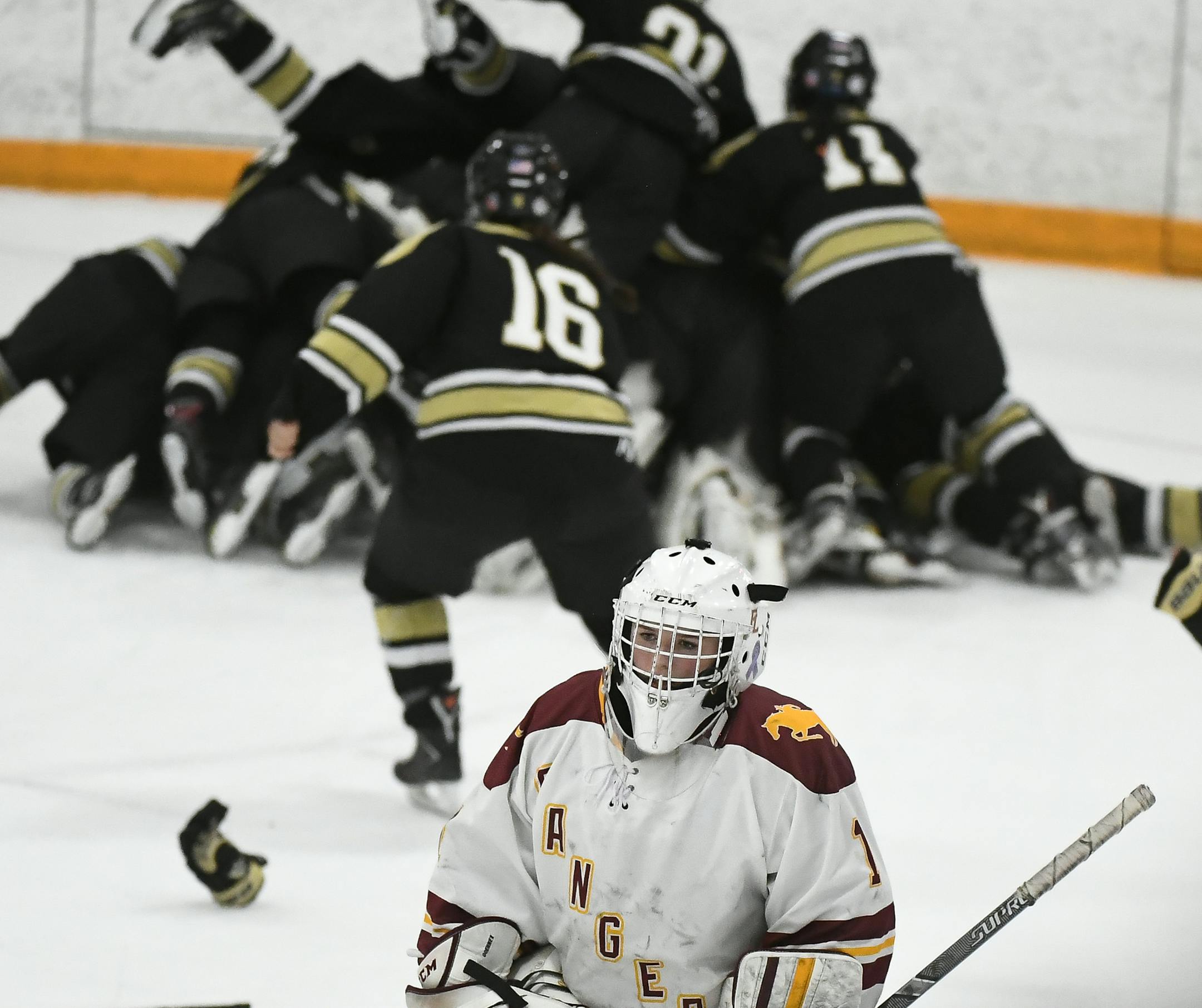 Forest Lake goaltender Allyn Goehner (1) was dejected as Andover celebrated their 4-3 win in overtime off a goal by defenseman Madison Kaiser (29). ] Aaron Lavinsky ¥ aaron.lavinsky@startribune.com Forest Lake played Andover in the Class 2A, Section 7 girlsÕ hockey section final on Thursday, Feb. 14, 2019 at Fogerty Arena in Blaine, Minn.