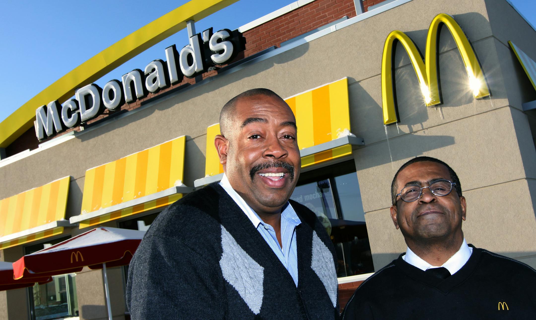 BRUCE BISPING � bbisping@startribune.com Brooklyn Center, MN., Monday, 12/15/2008} (left to right) Larry Brown and Michael Thompson at the McDonald's at 85th Ave. Larry Brown, a McDonald's franchise owner, is one sponsor of a collaborative Christian program that tries to get recovering addicts back on their feet by offering a combination of shelter, a job and intensive mentoring and Christian-based counseling. Michael Thompson, who was one of three men in the first graduating class, is training